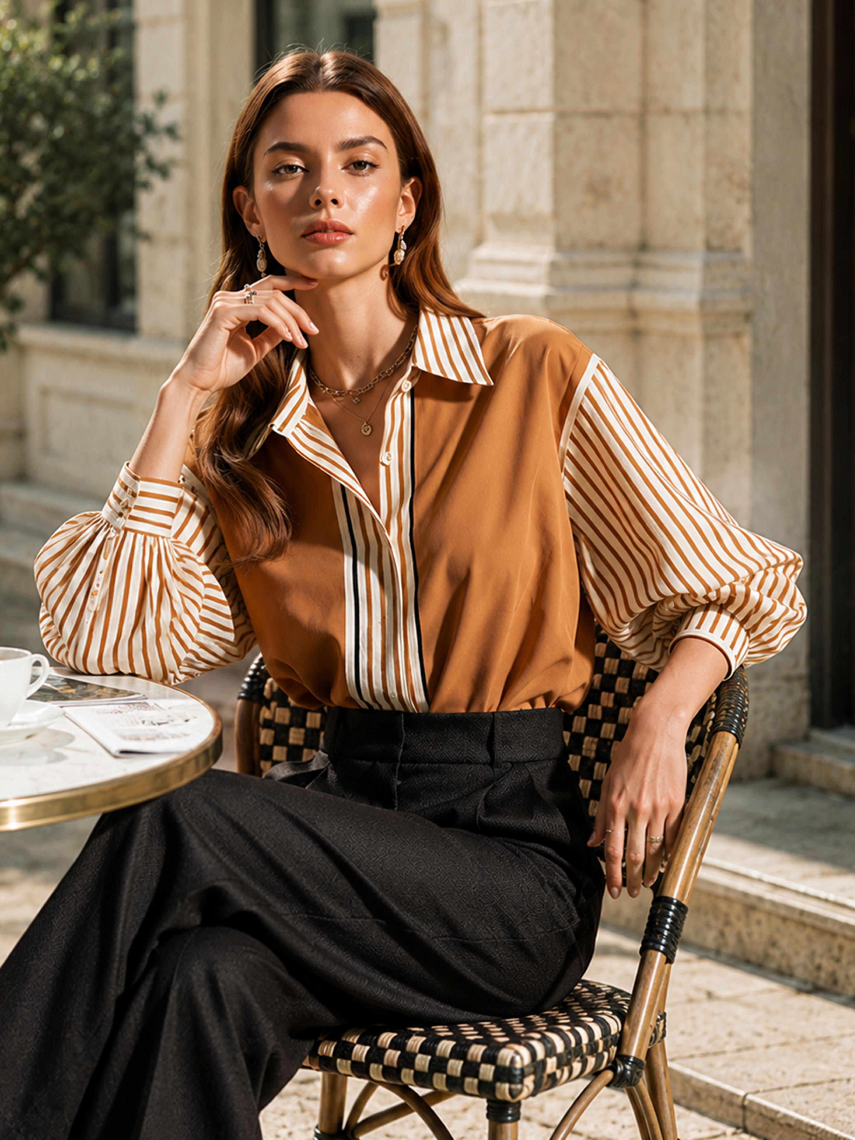 Elegant Khaki Contrast Stripe Patchwork Cotton Shirt