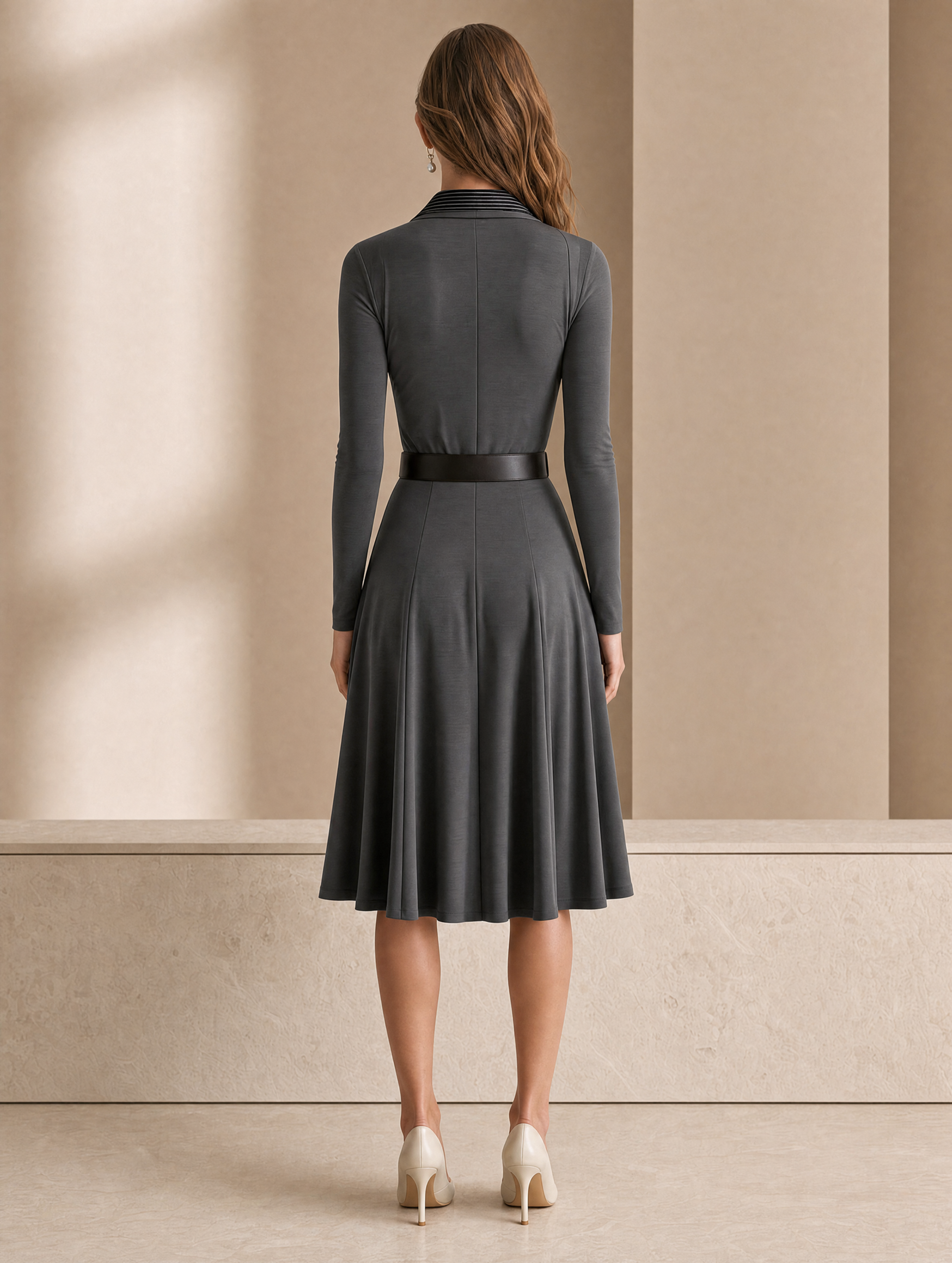 Elegant Grey Collared Slim-fit Midi Dress