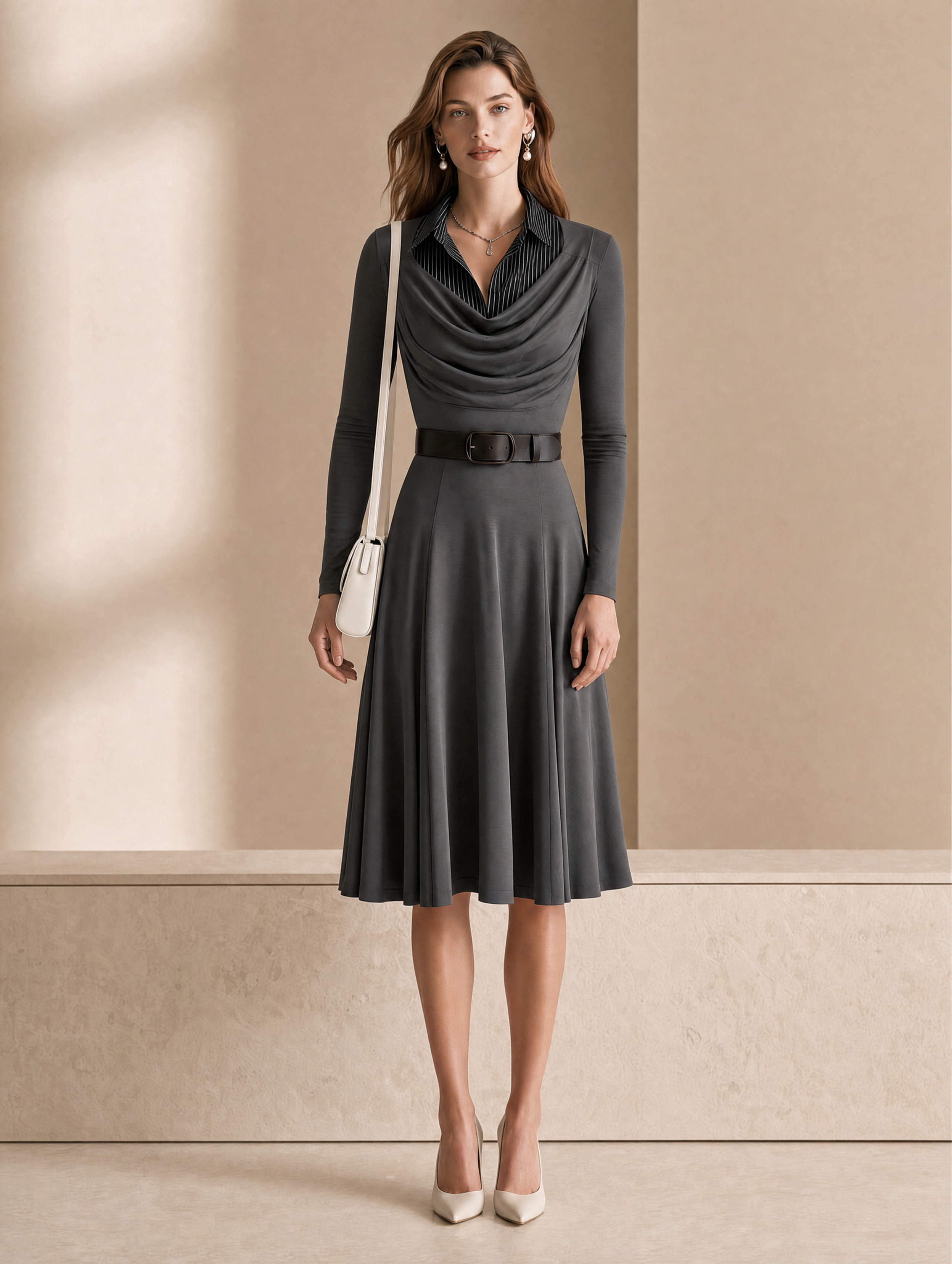 Elegant Grey Collared Slim-fit Midi Dress