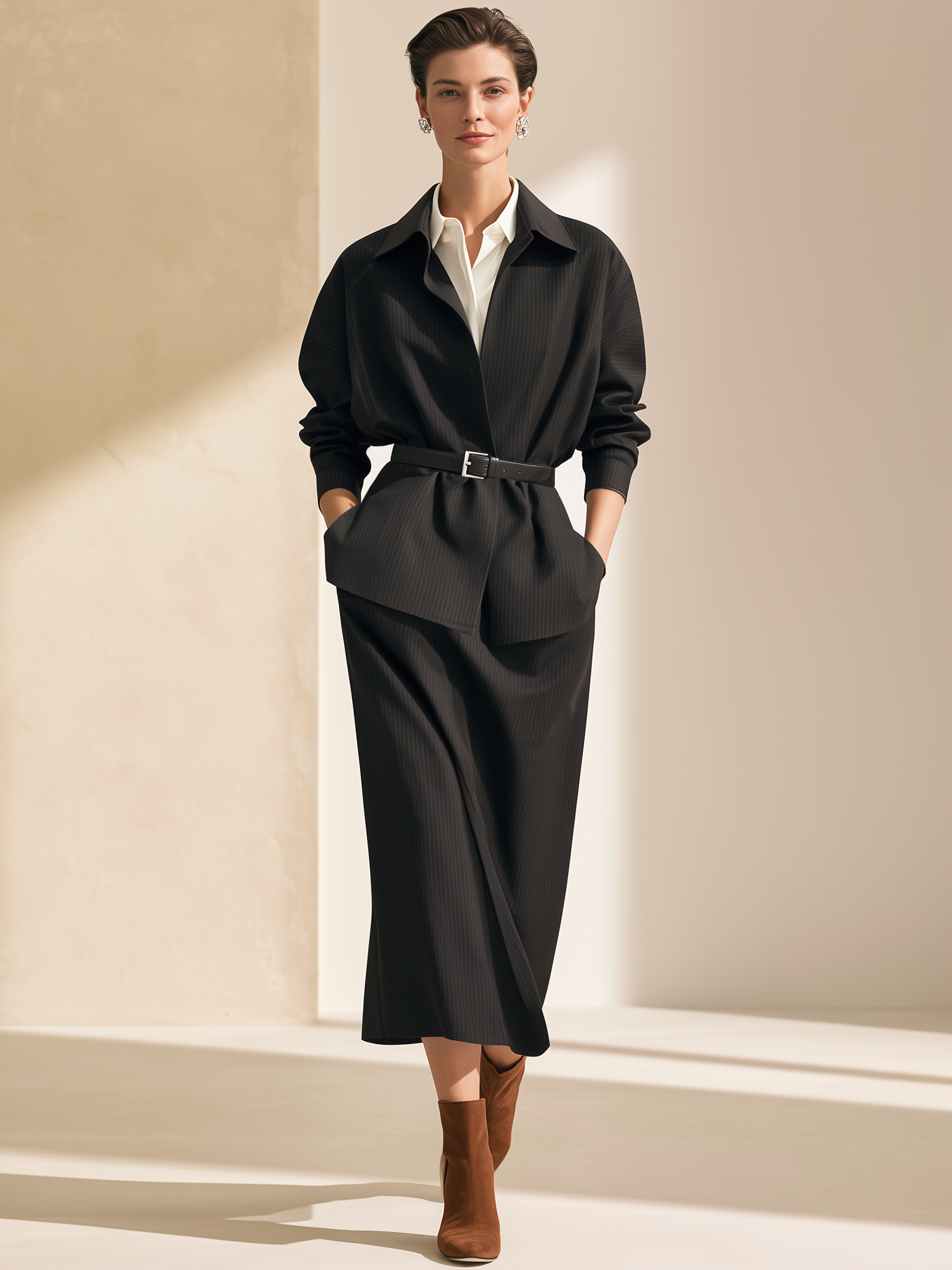 Black Pinstripe Belted Jacket Wrap Midi Skirt Two‑Piece Set