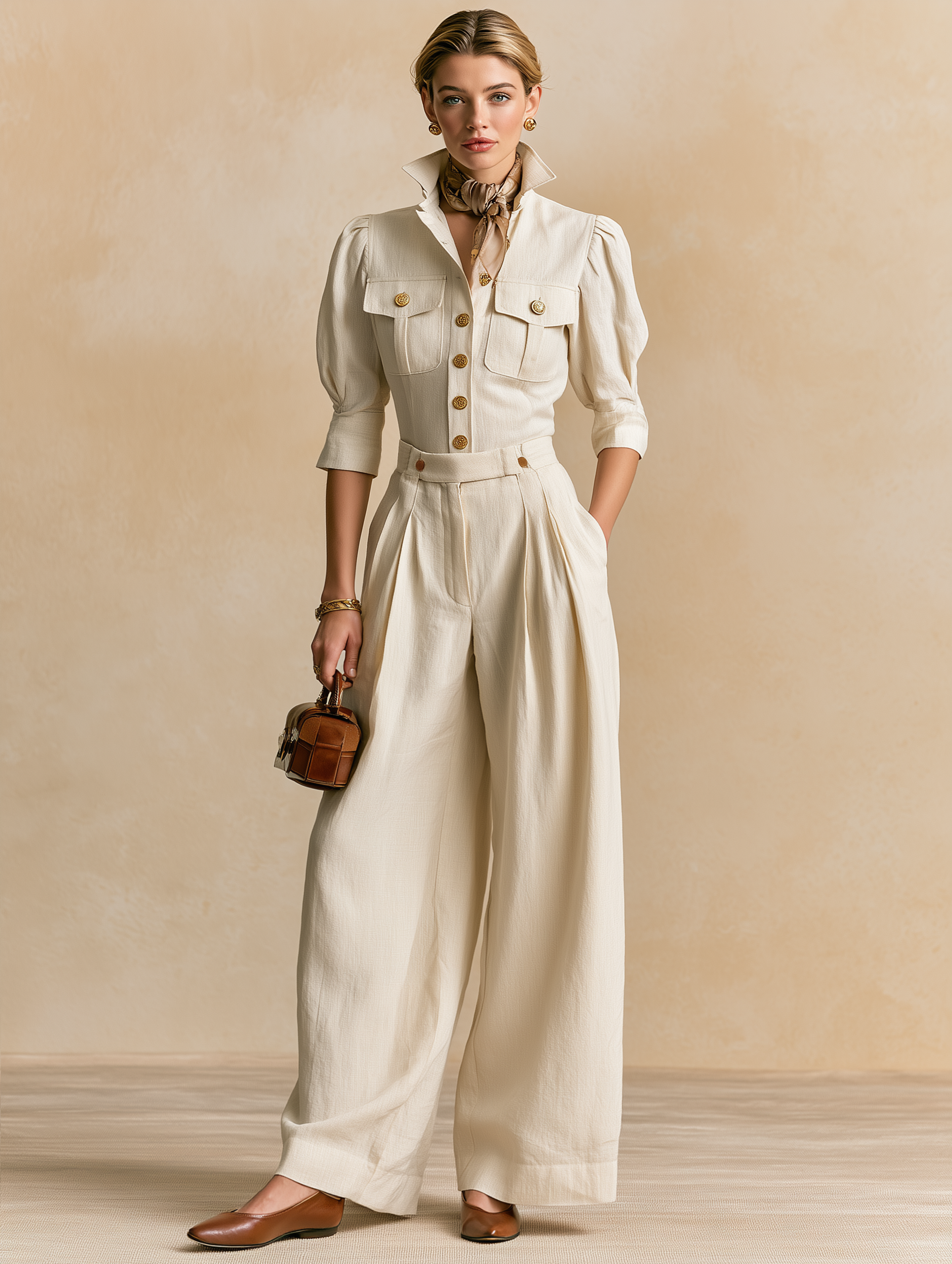 Cream Stand‑Collared Puff‑Sleeve High‑Waist Suit