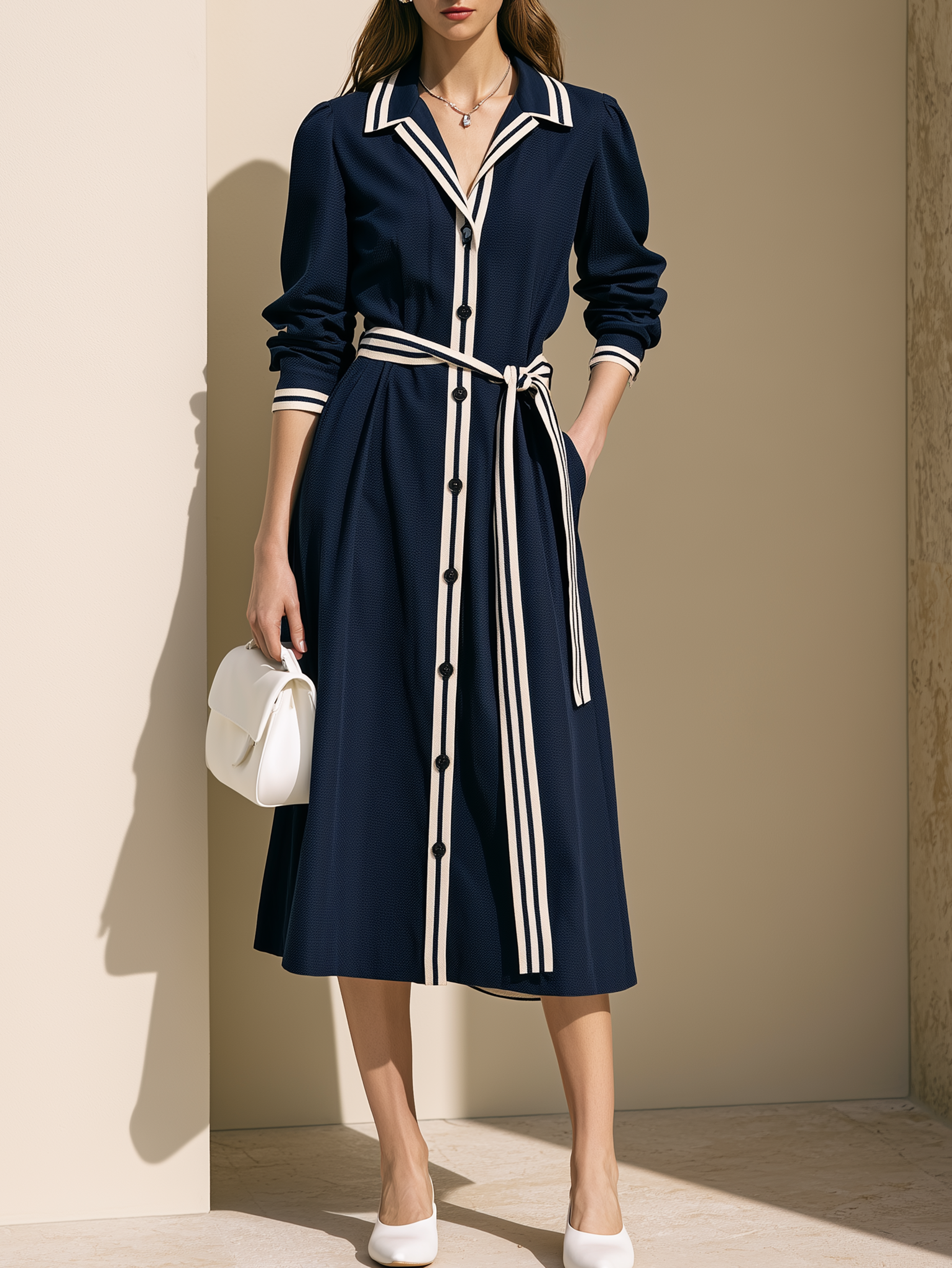 Elegant Navy Contrast-Trim Belted Midi Shirt Dress