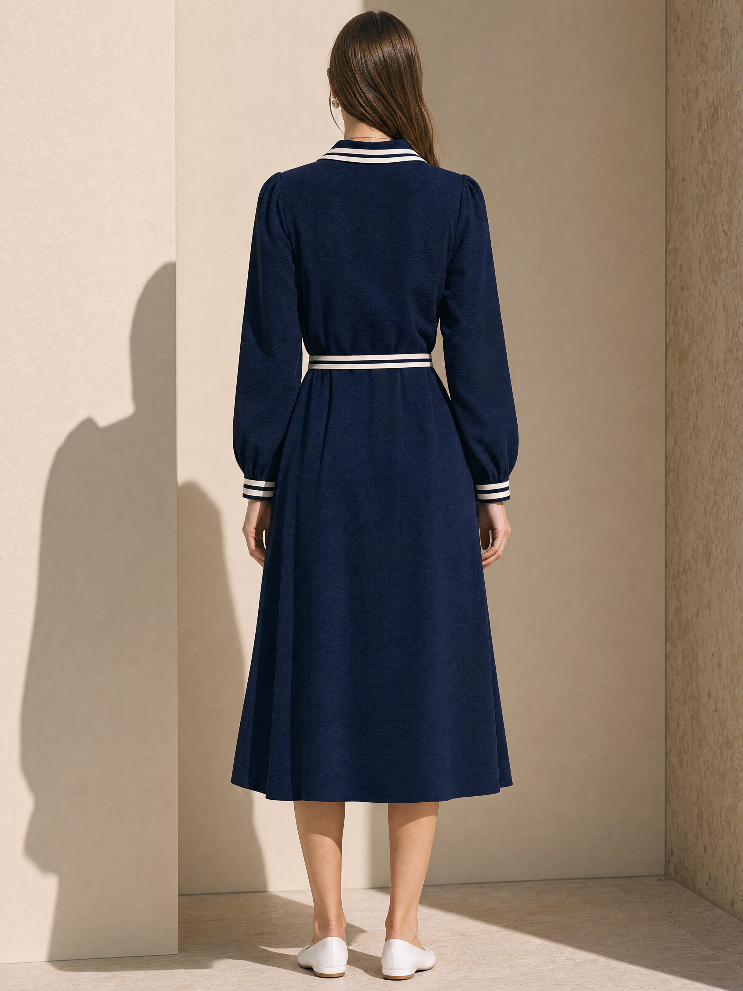 Elegant Navy Contrast-Trim Belted Midi Shirt Dress
