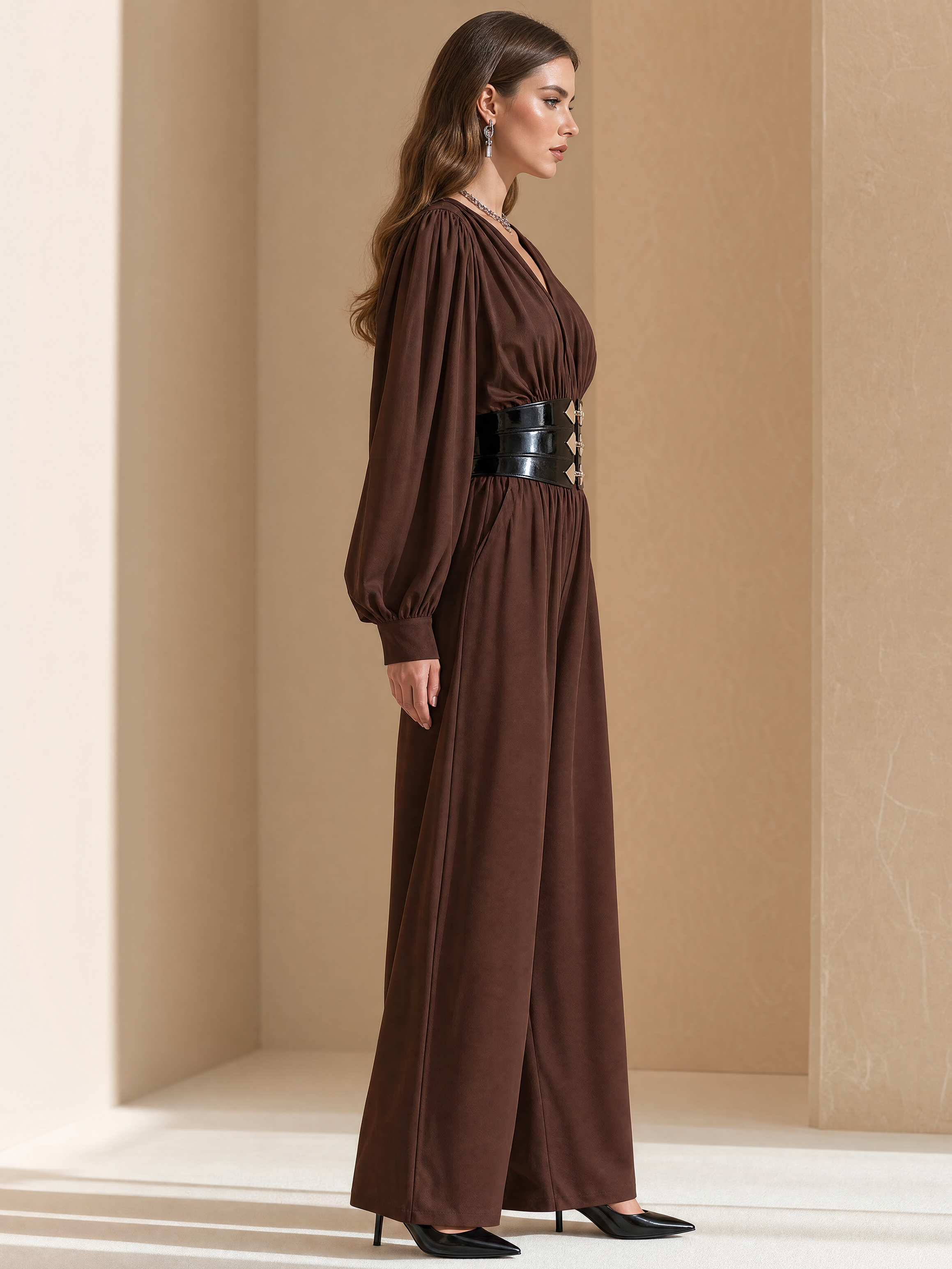Elegant Chocolate Brown V-Neck Corset-Waist Jumpsuit