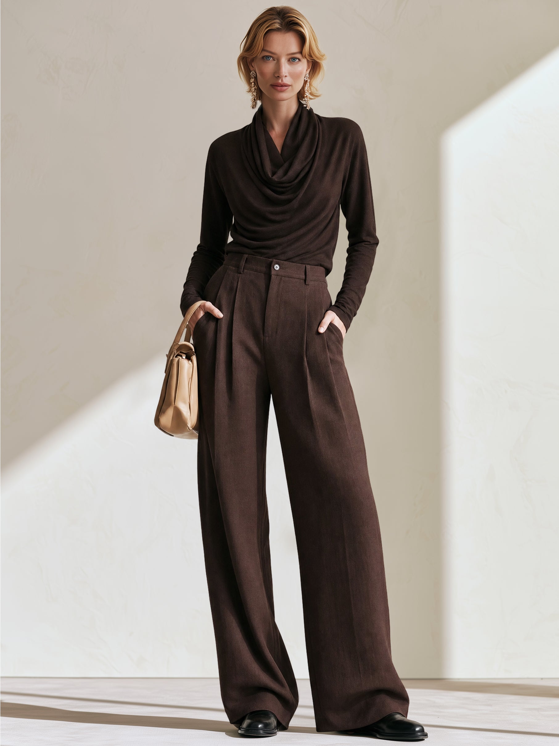 Cowl‑Neck Draped Knit Top & Wide‑Leg Trousers Set