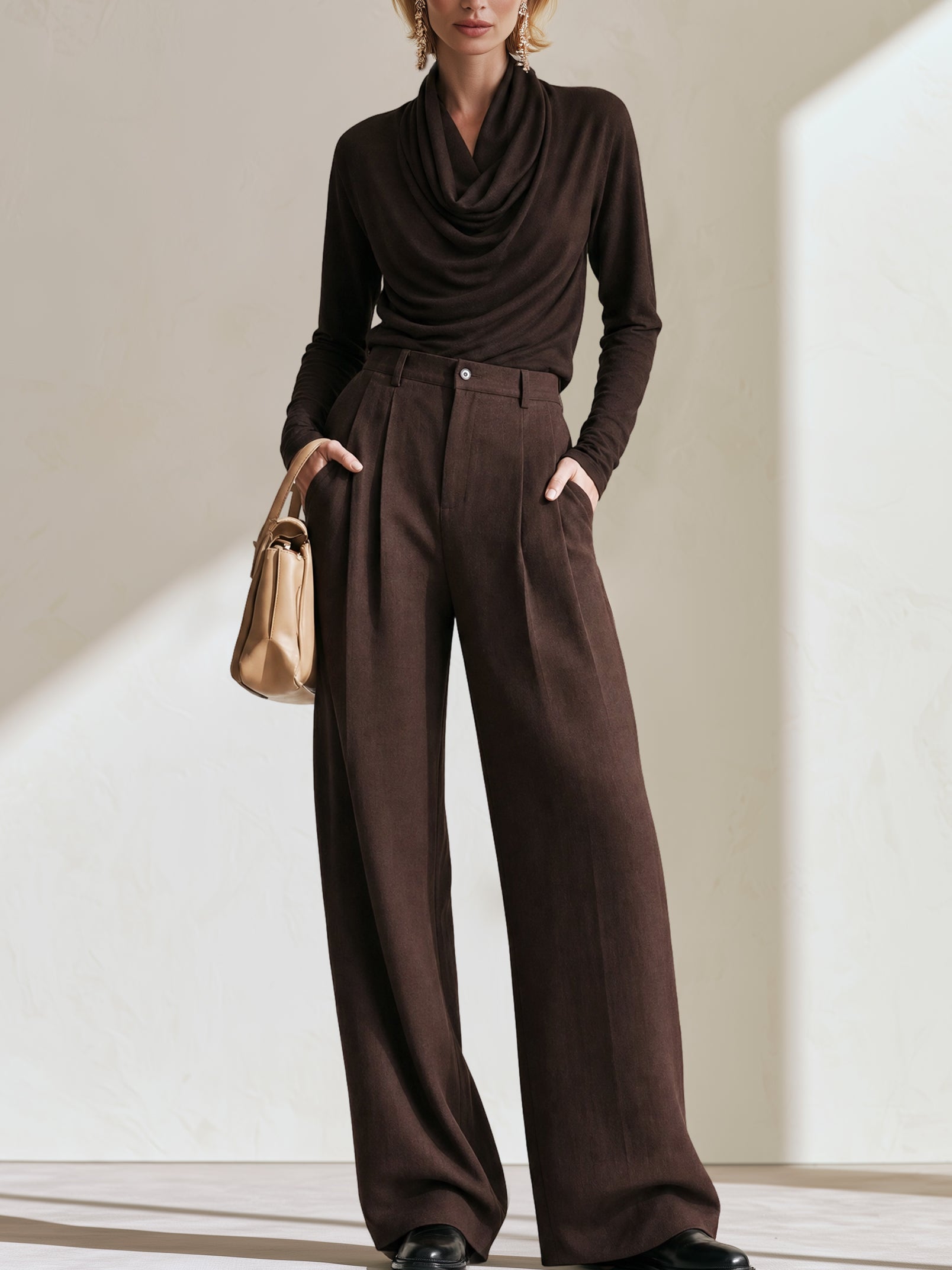 Cowl‑Neck Draped Knit Top & Wide‑Leg Trousers Set