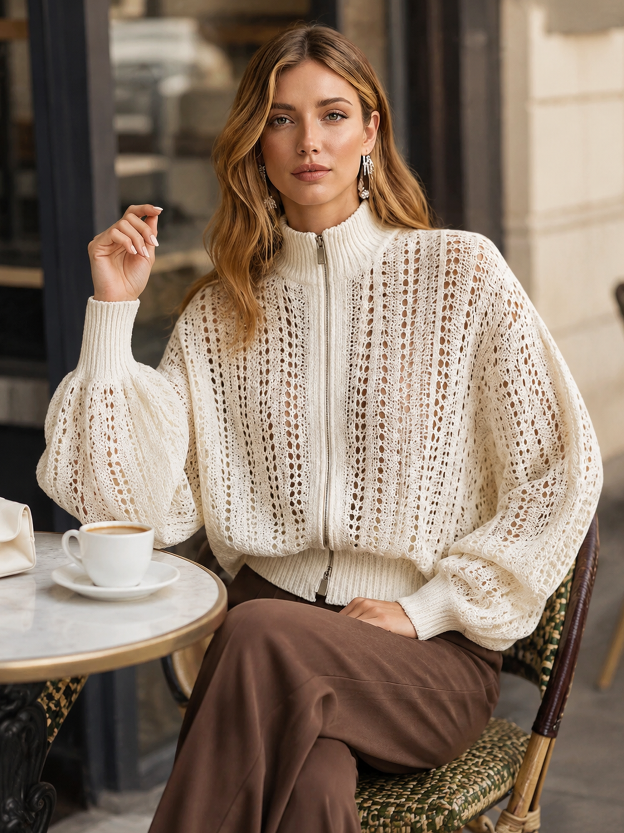 Elegant Ivory Openwork Zip-Up Knit Cardigan