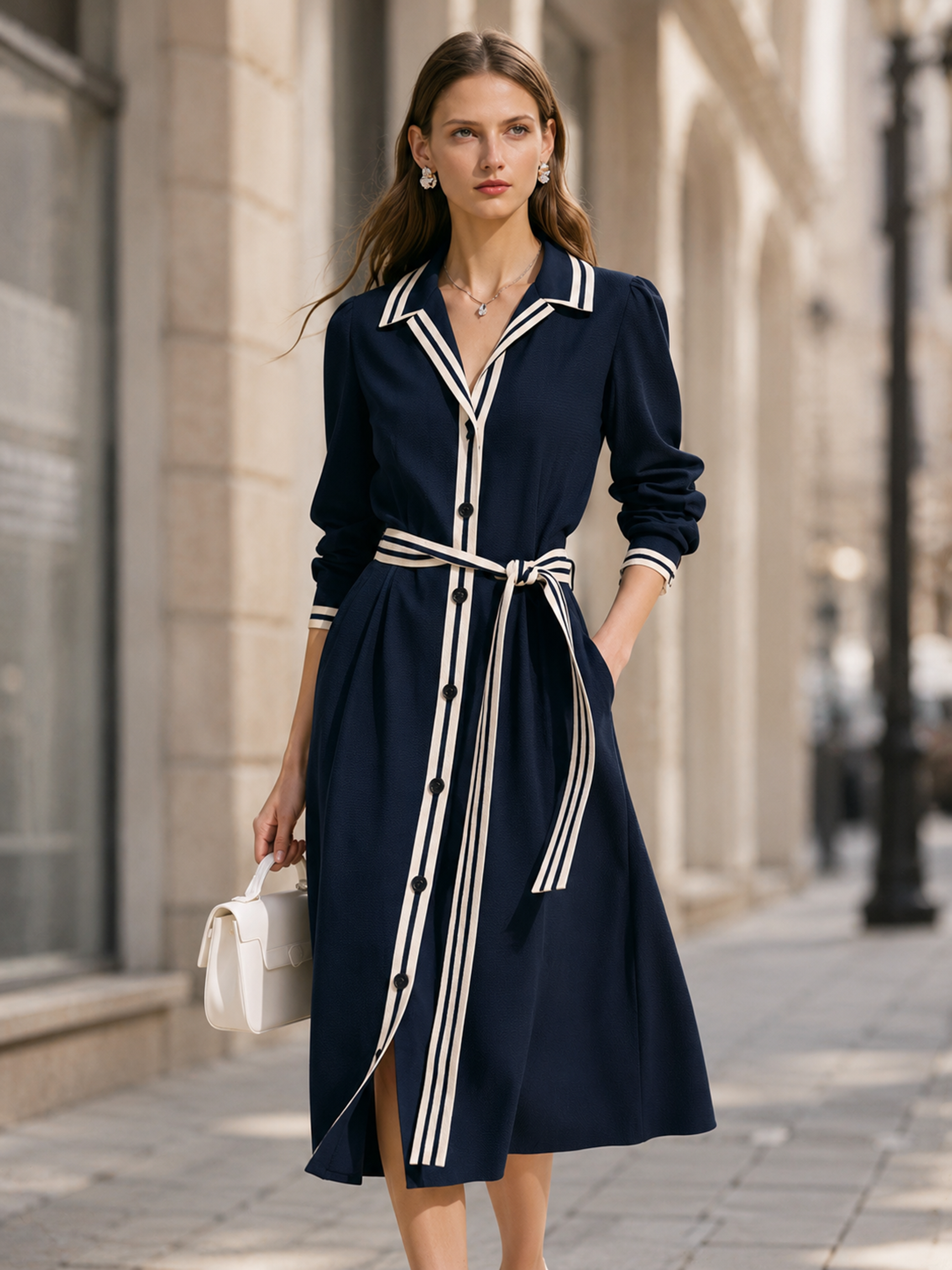 Elegant Navy Contrast-Trim Belted Midi Shirt Dress