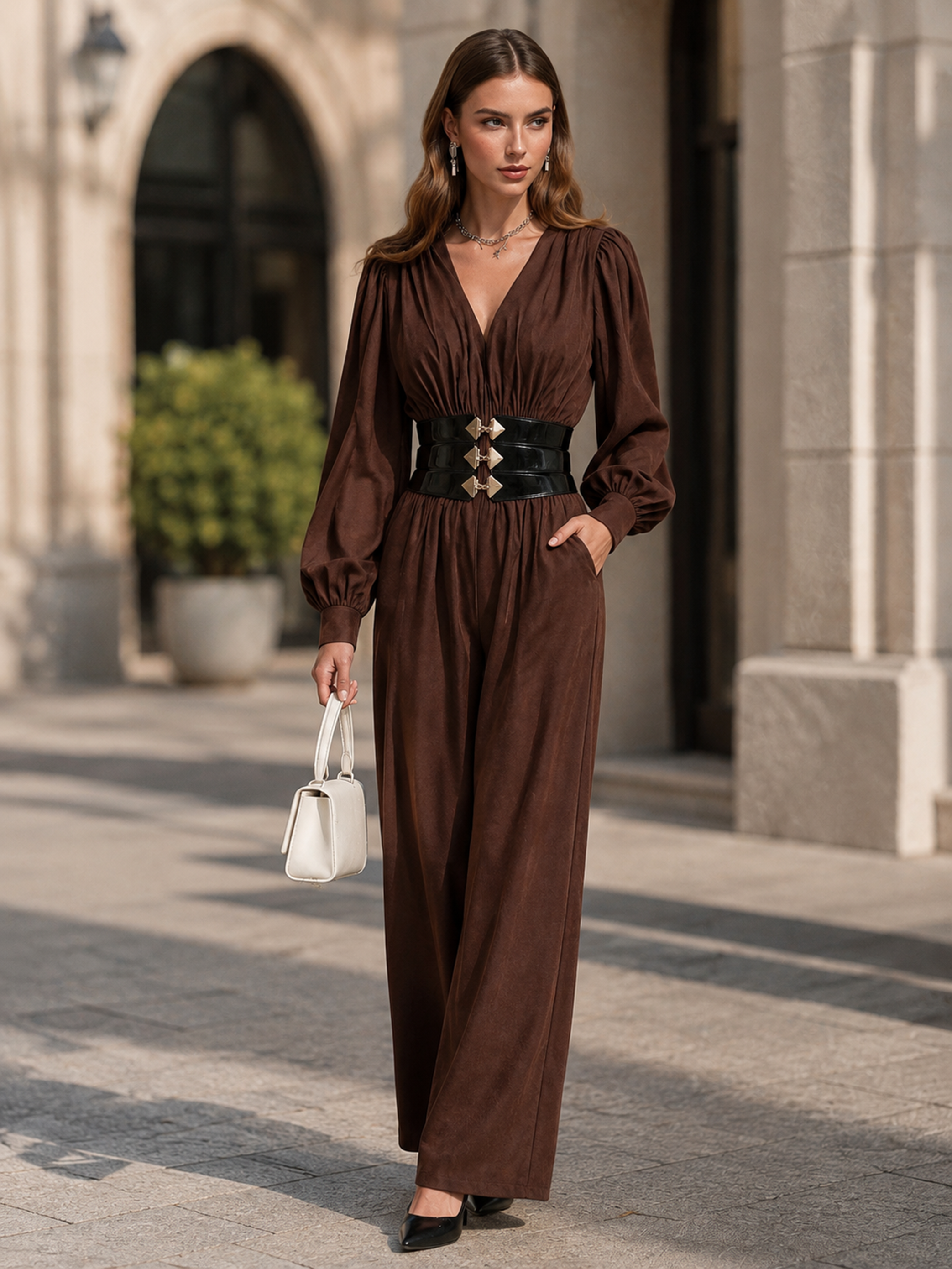 Elegant Chocolate Brown V-Neck Corset-Waist Jumpsuit