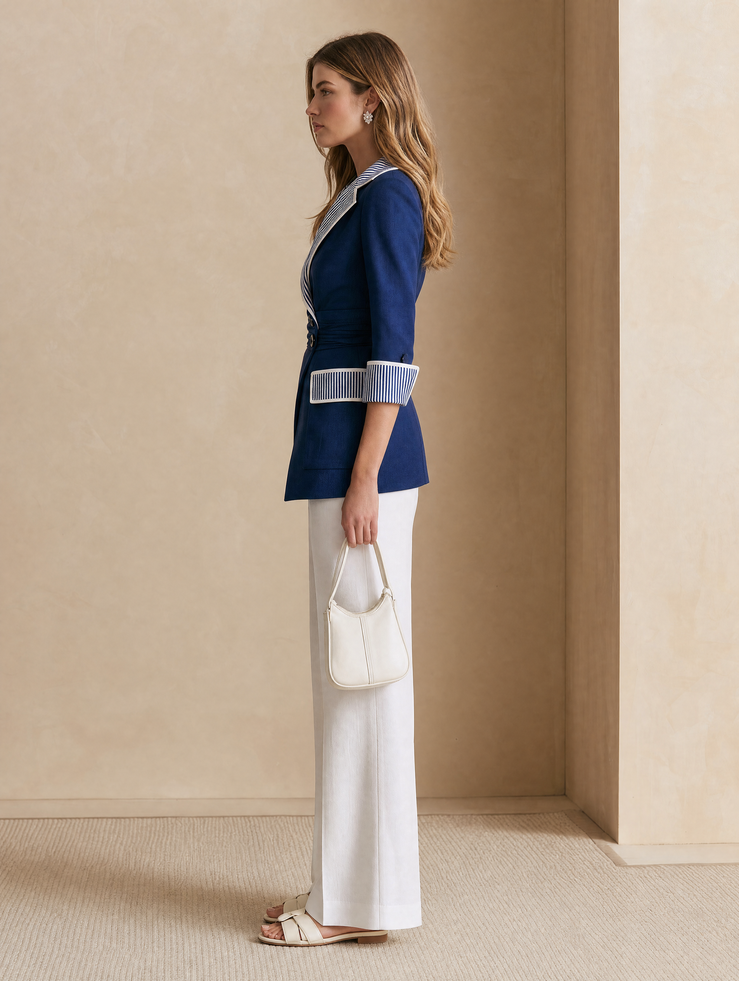 Elegant Blue And White Color-Block Blazer