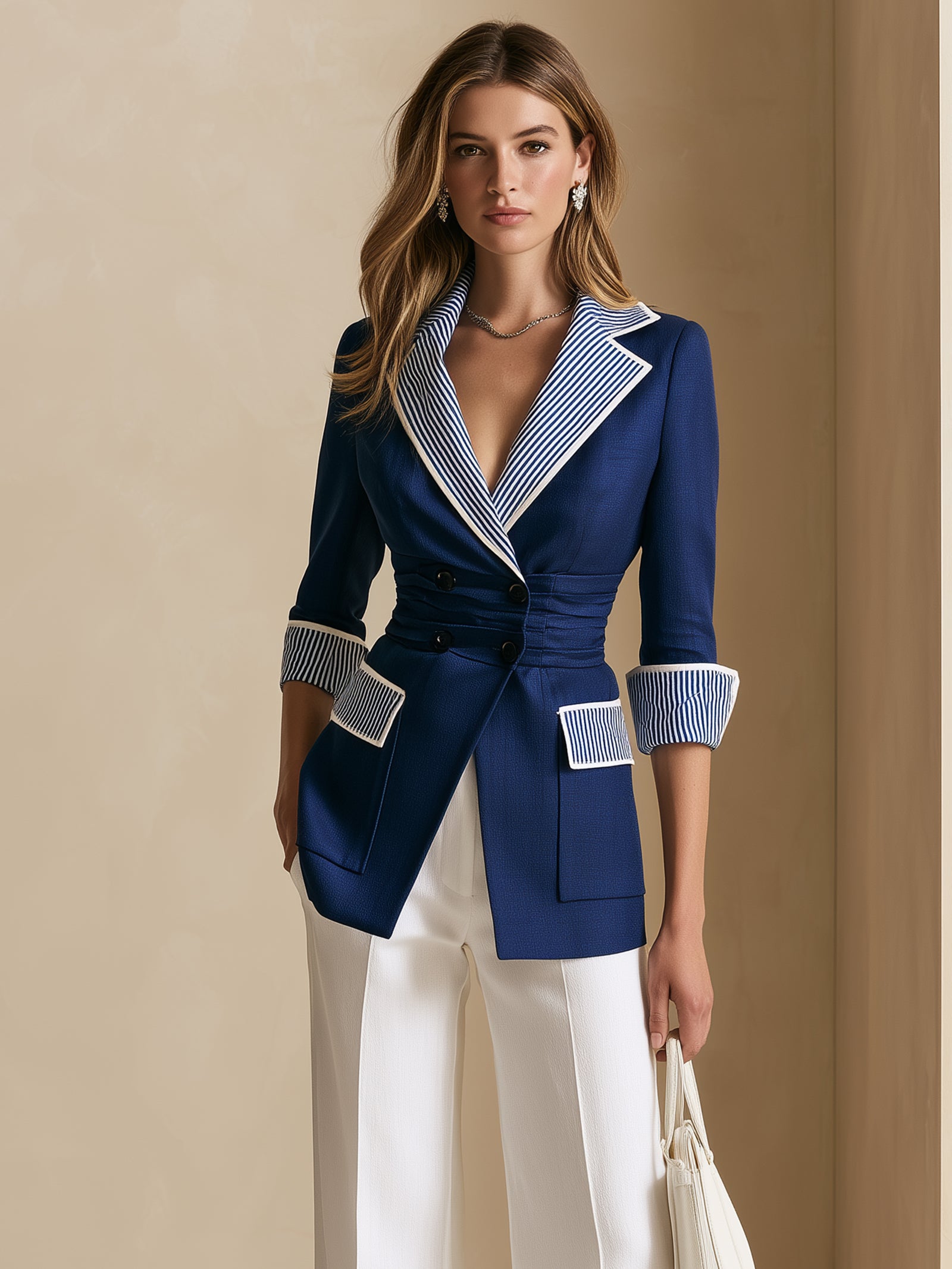 Elegant Blue And White Color-Block Blazer