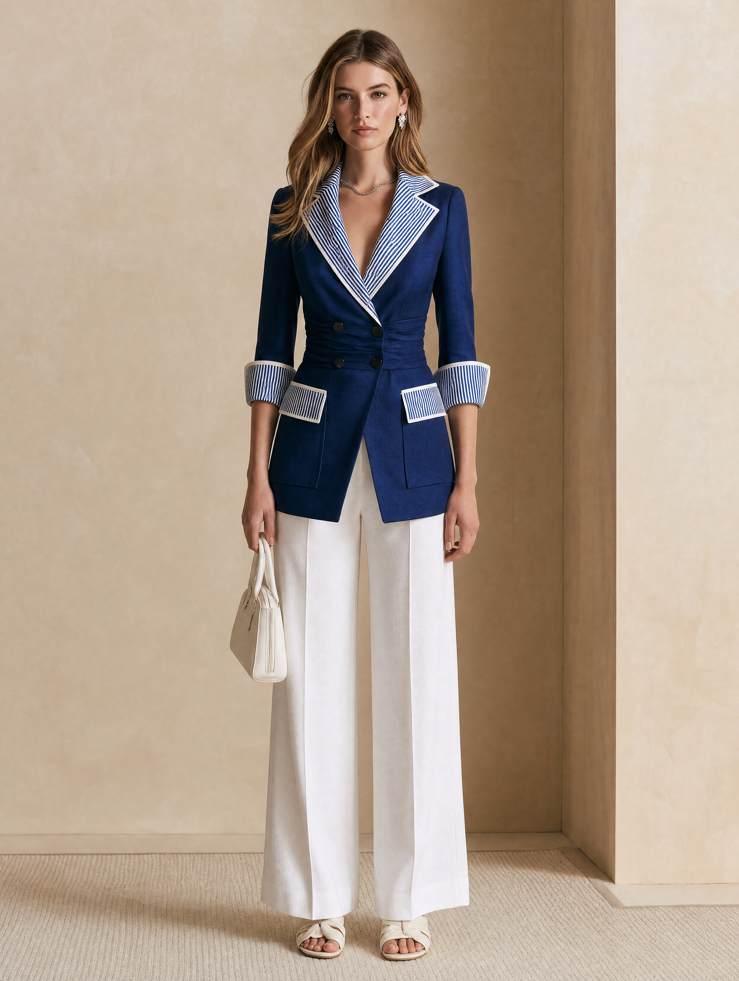 Elegant Blue And White Color-Block Blazer
