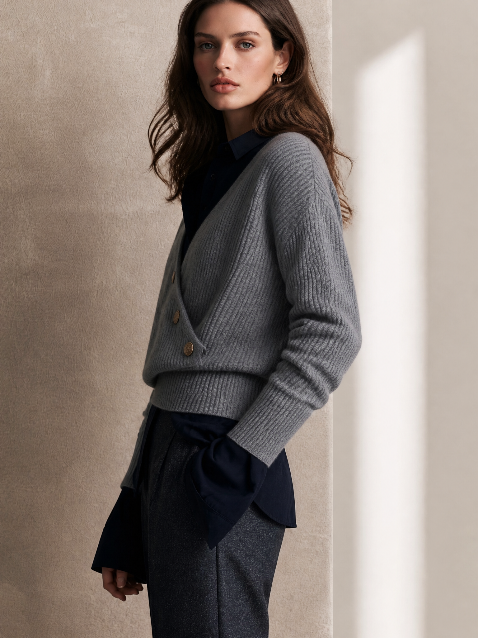 Cropped Rib‑Knit Wrap Cardigan & Tailored Shirt Set