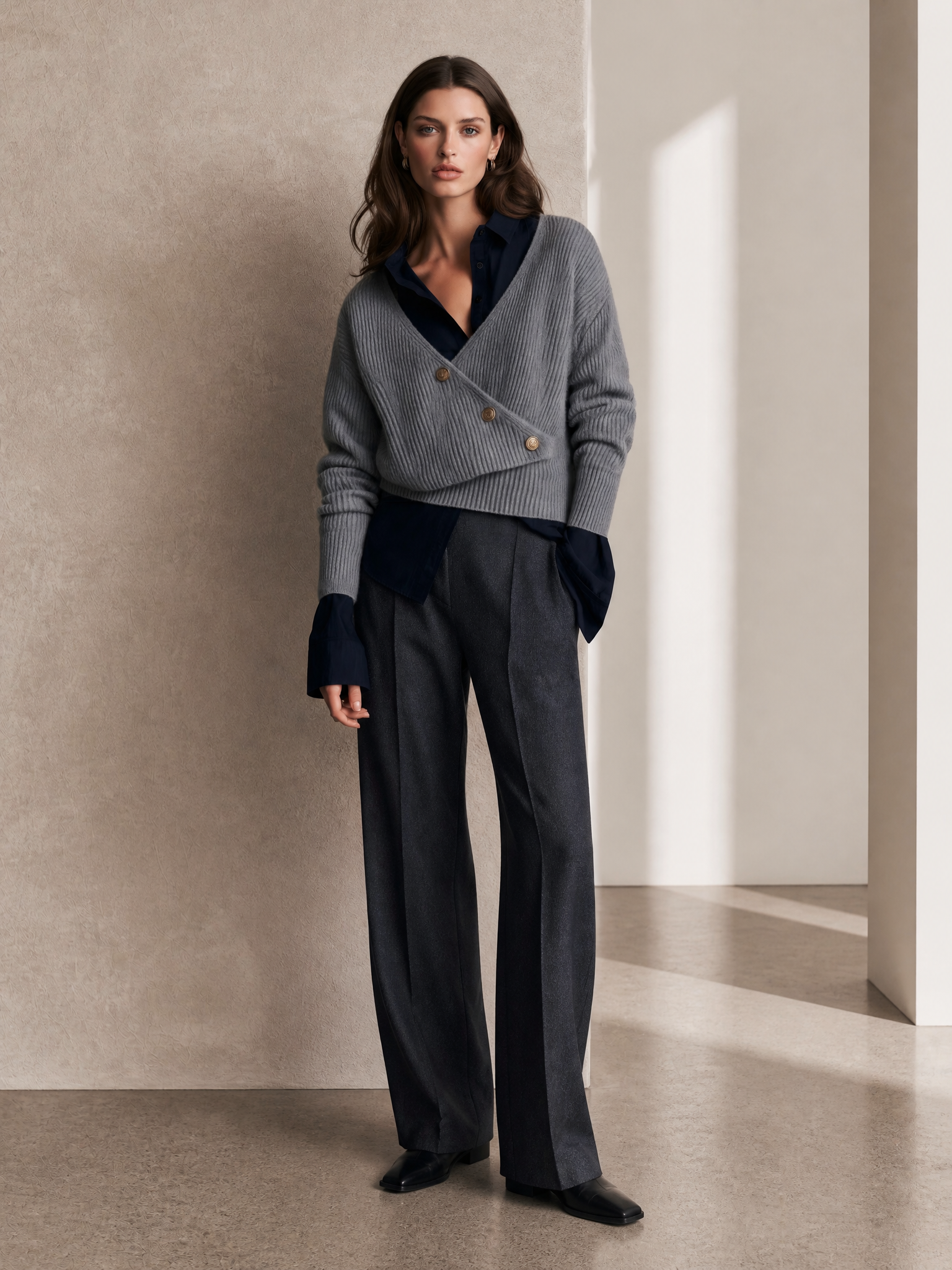 Cropped Rib‑Knit Wrap Cardigan & Tailored Shirt Set