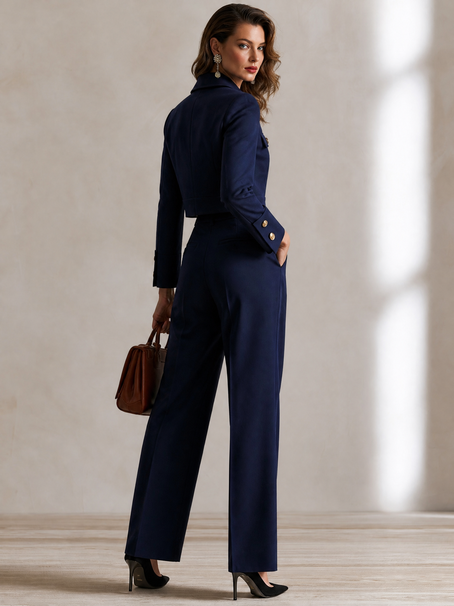 Tailored Gold‑Button Jacket & High‑Waist Wide‑Leg Trousers Suit Set