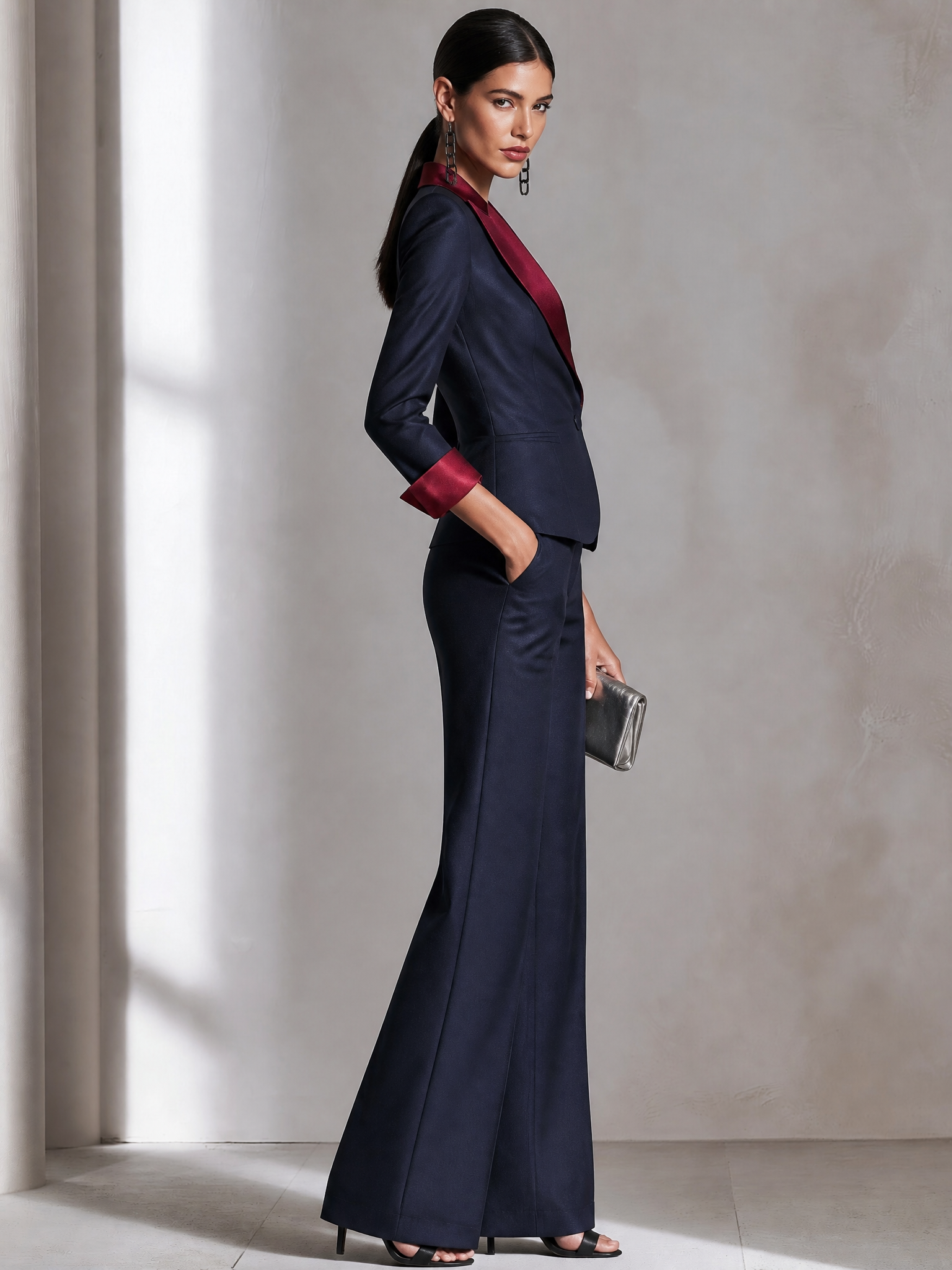 Contrast Satin Lapel Blazer & Flare Pants Suit