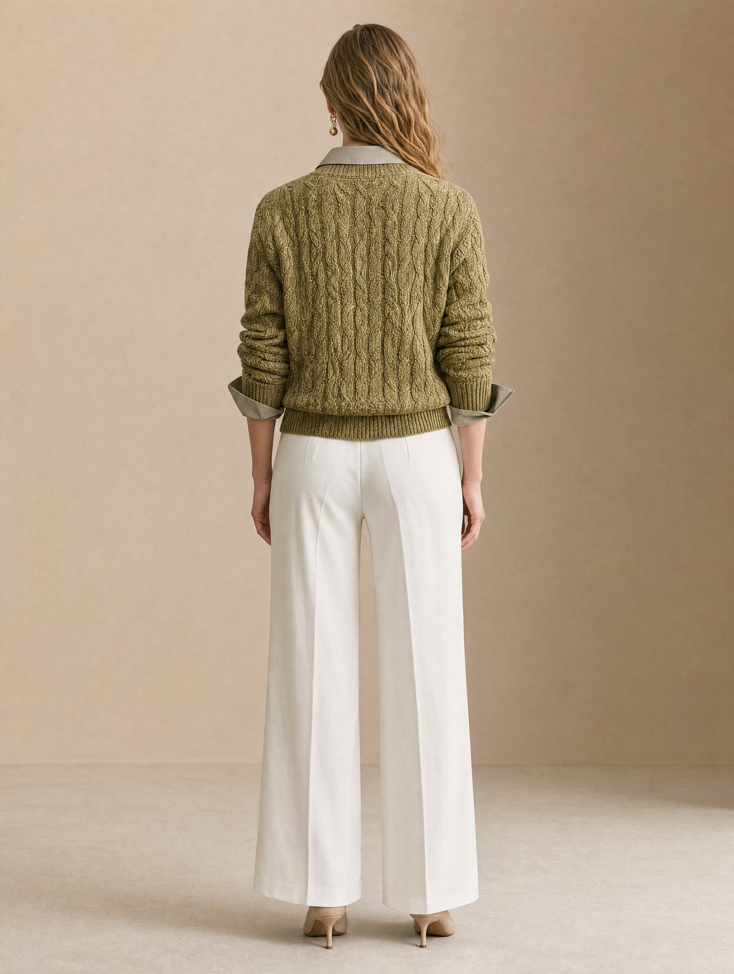 Olive Green Cable-knit Sweater With A Faux-layered Look