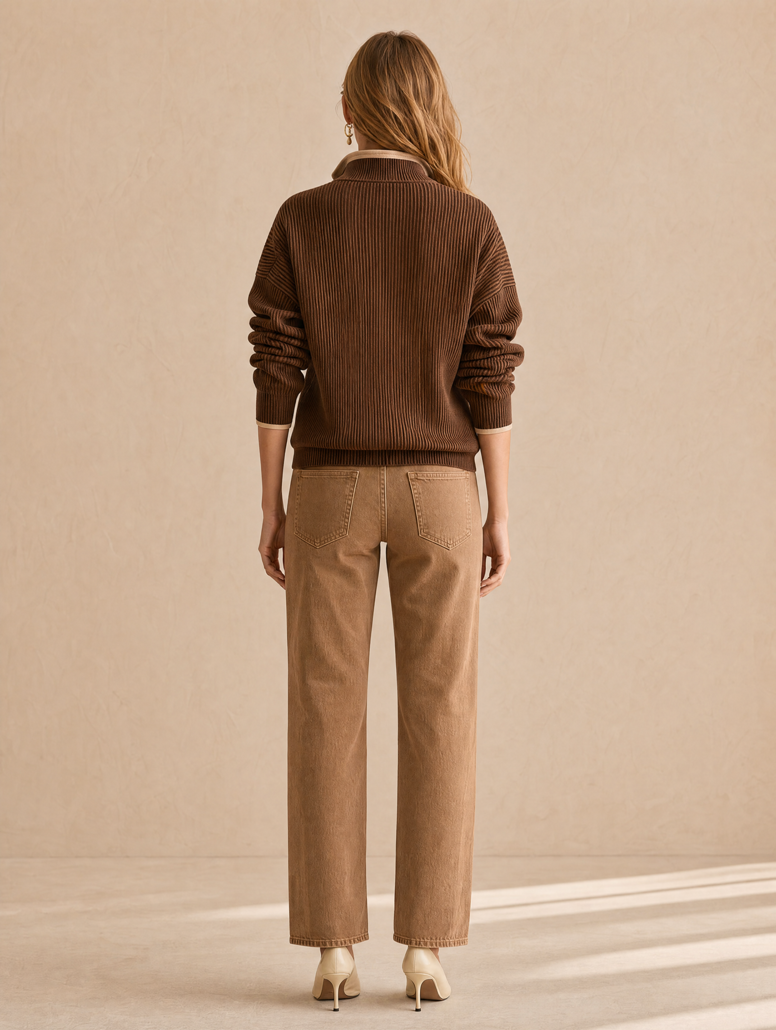 Elegant Brown Zip-neck Knit Top