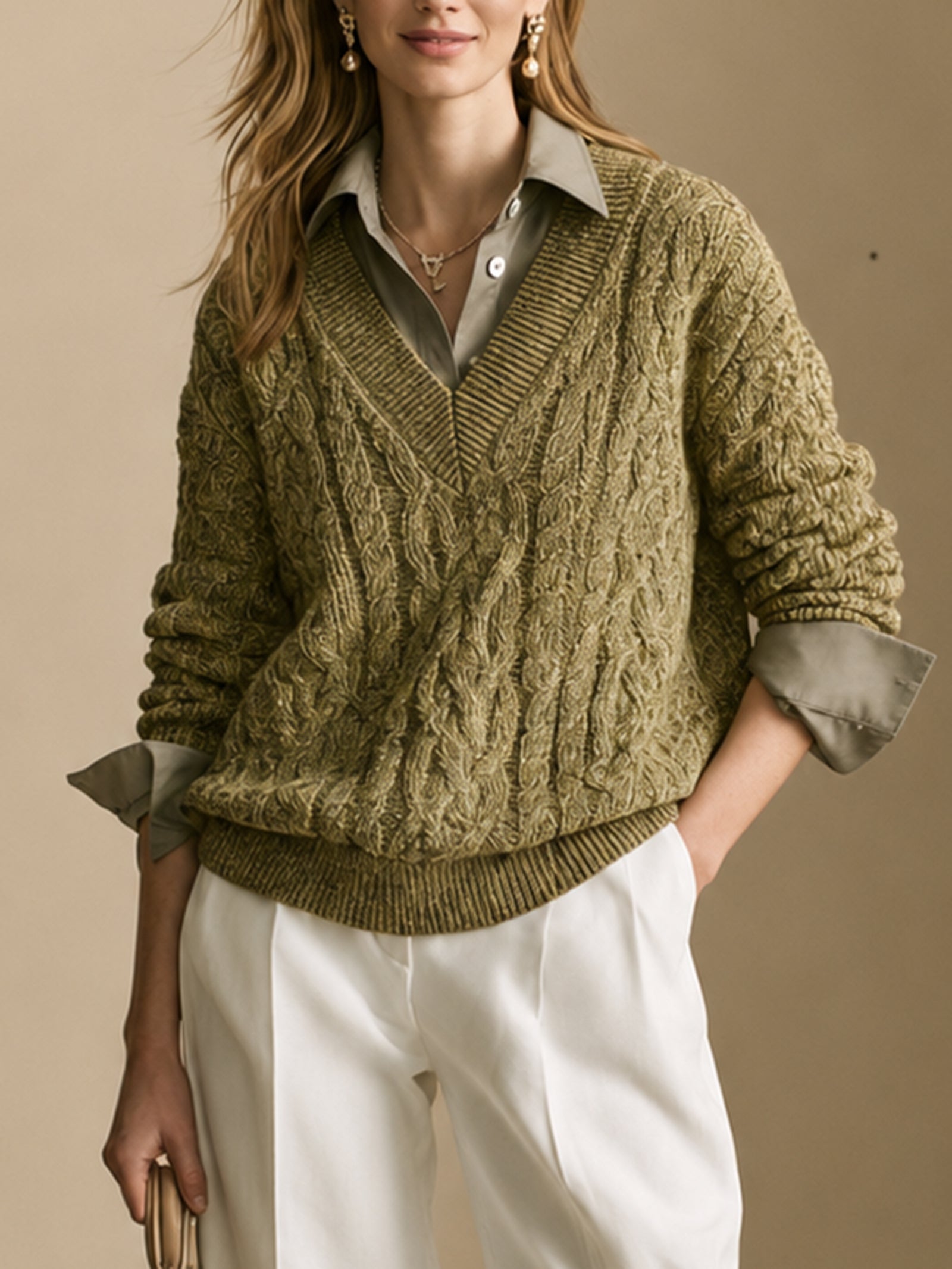 Olive Green Cable-knit Sweater With A Faux-layered Look