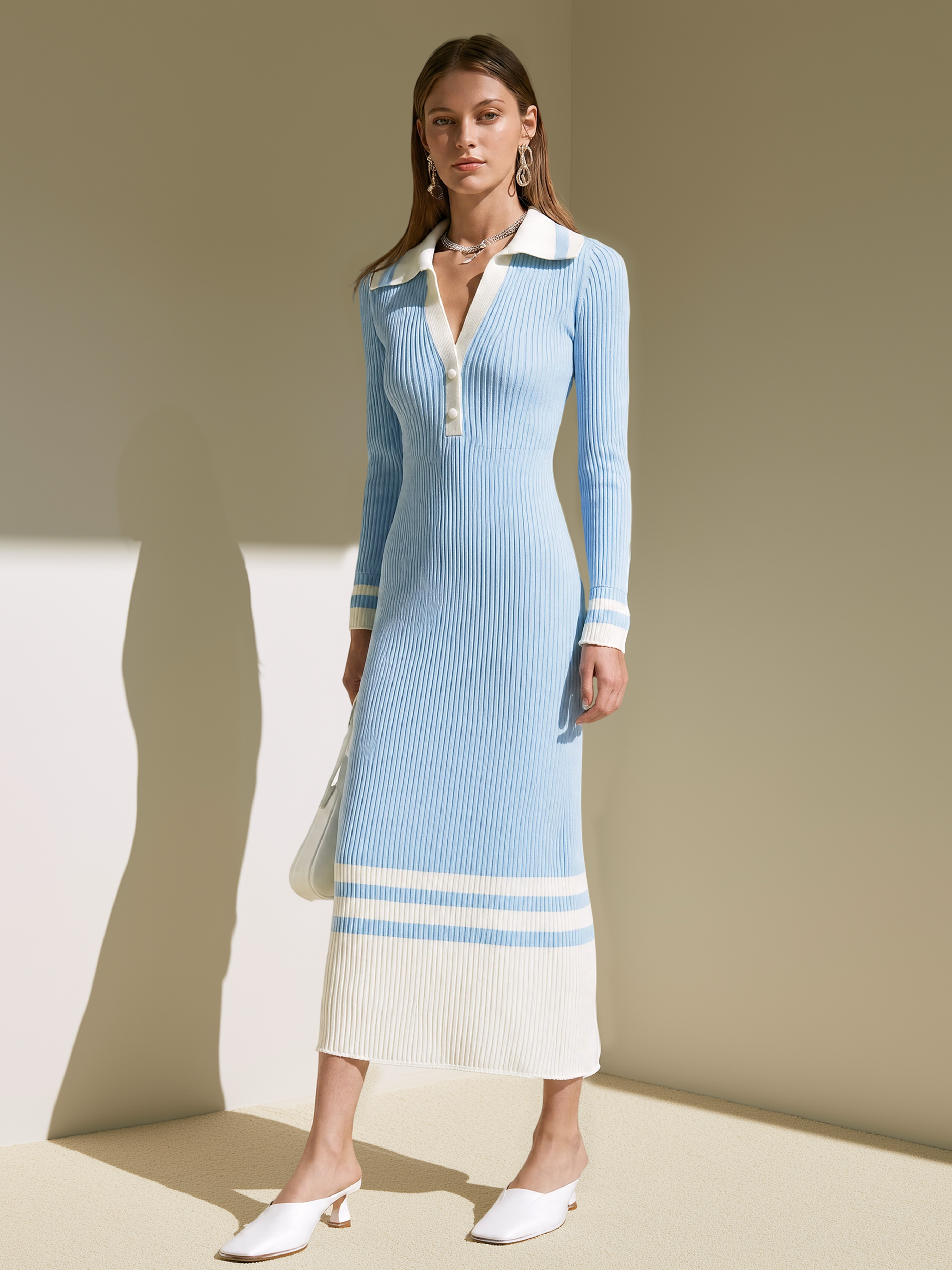 Elegant Light Blue & Ivory Contrast Stripe Knit Midi Dress