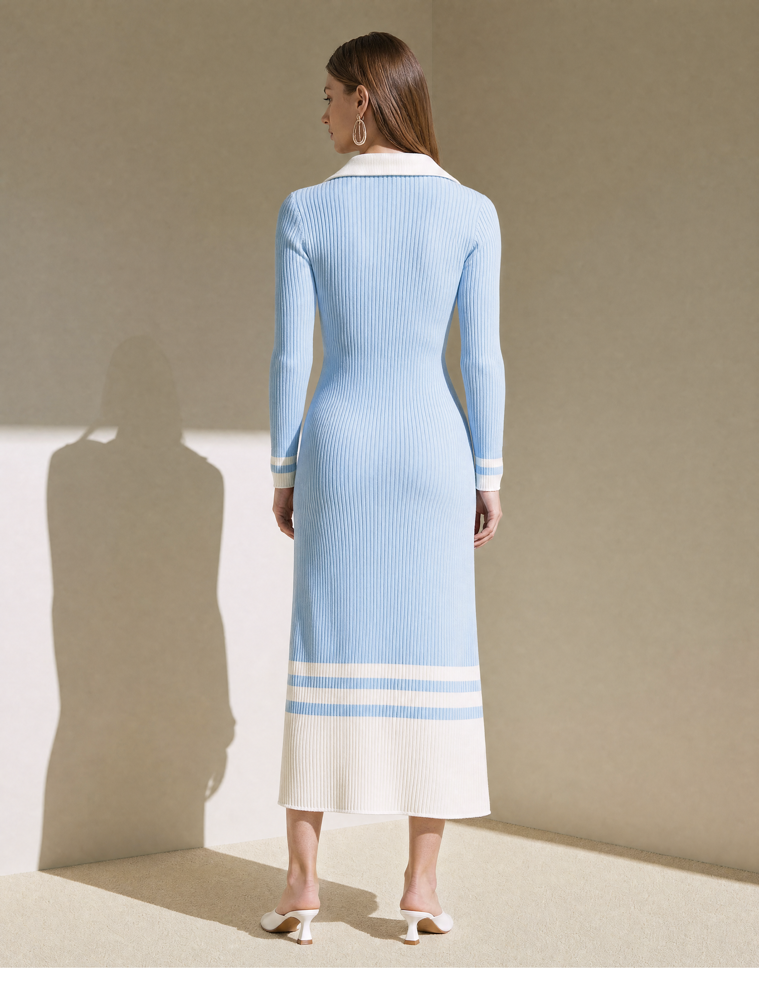 Elegant Light Blue & Ivory Contrast Stripe Knit Midi Dress