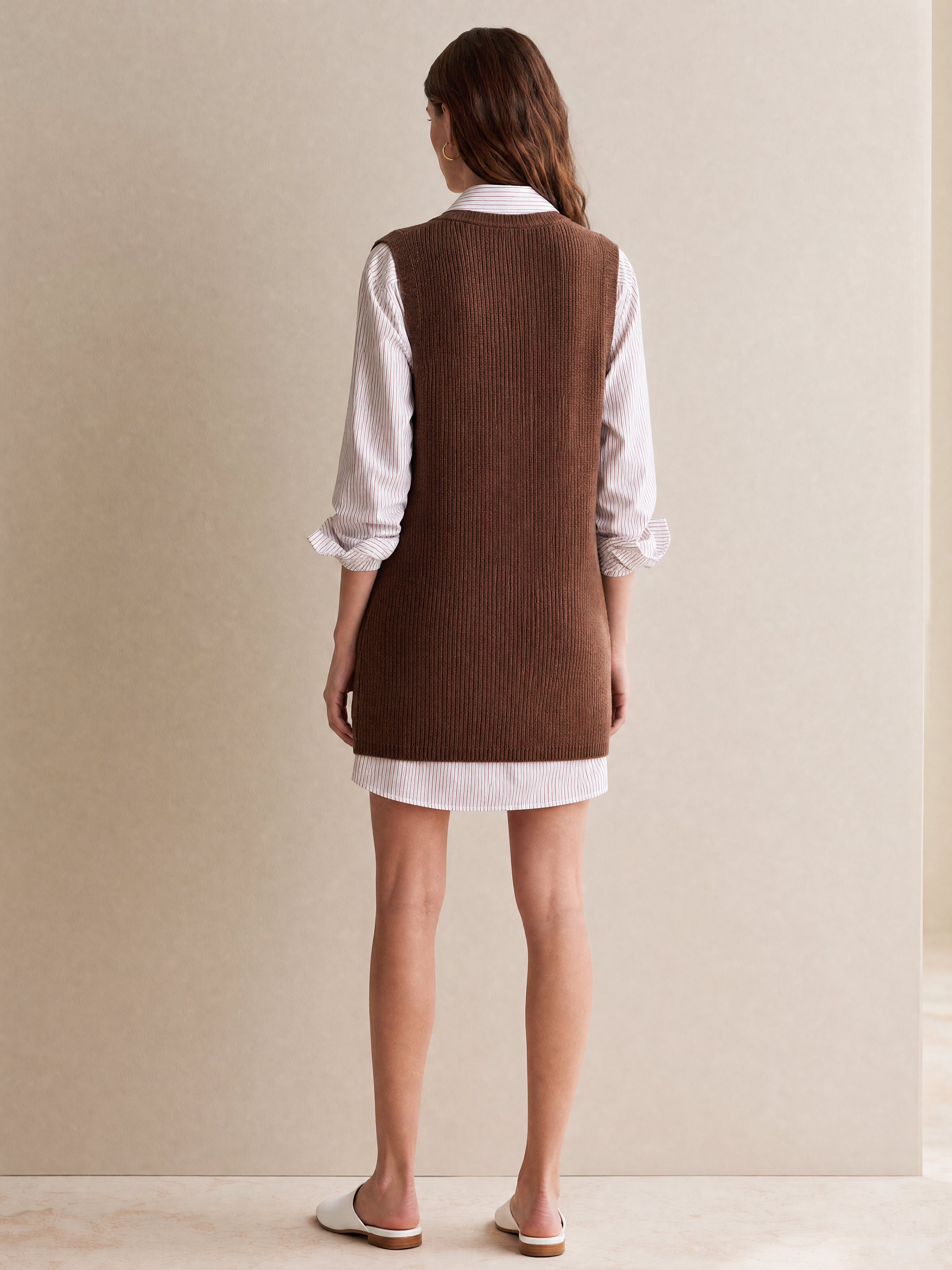 Elegant Blush Pink Shirt Dress & Brown Knit Vest Two-Piece Set