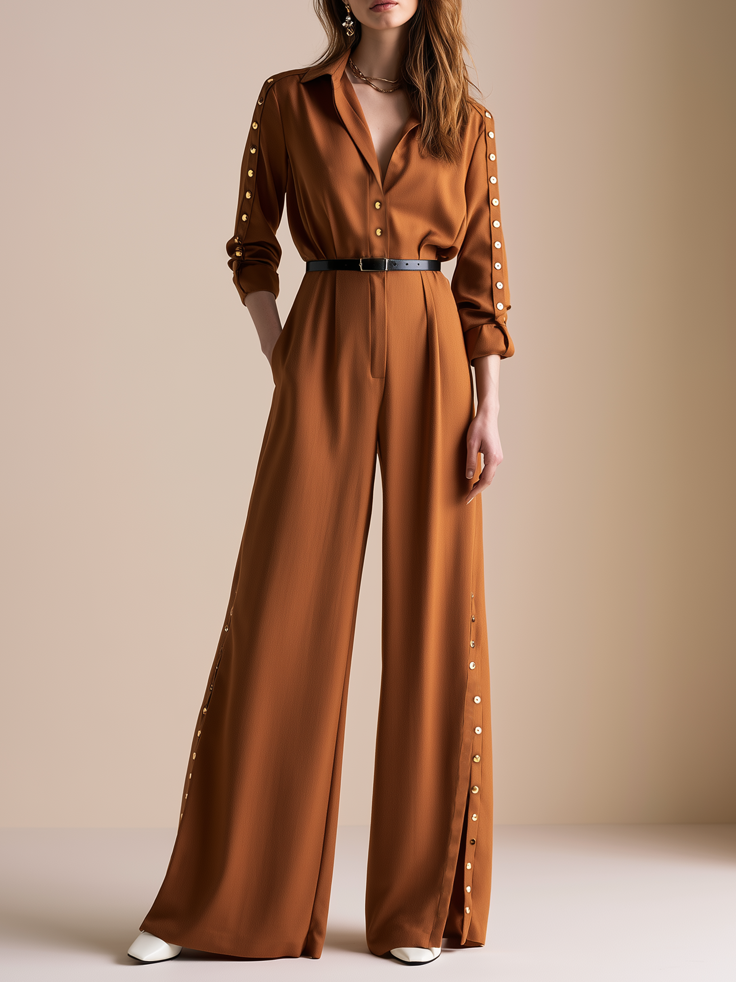 Elegant Caramel Brown Side-Button Wide-Leg Jumpsuit