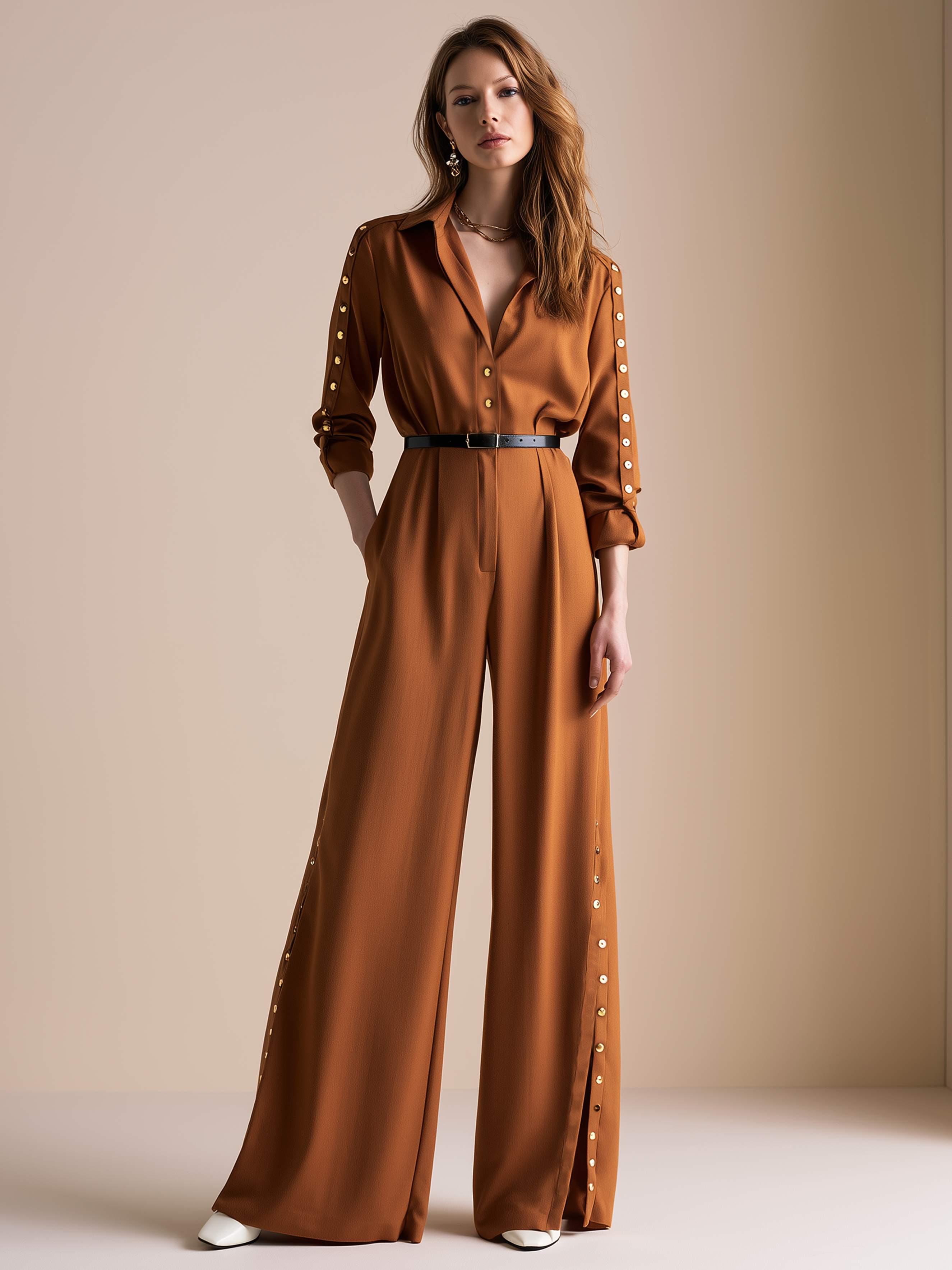 Elegant Caramel Brown Side-Button Wide-Leg Jumpsuit