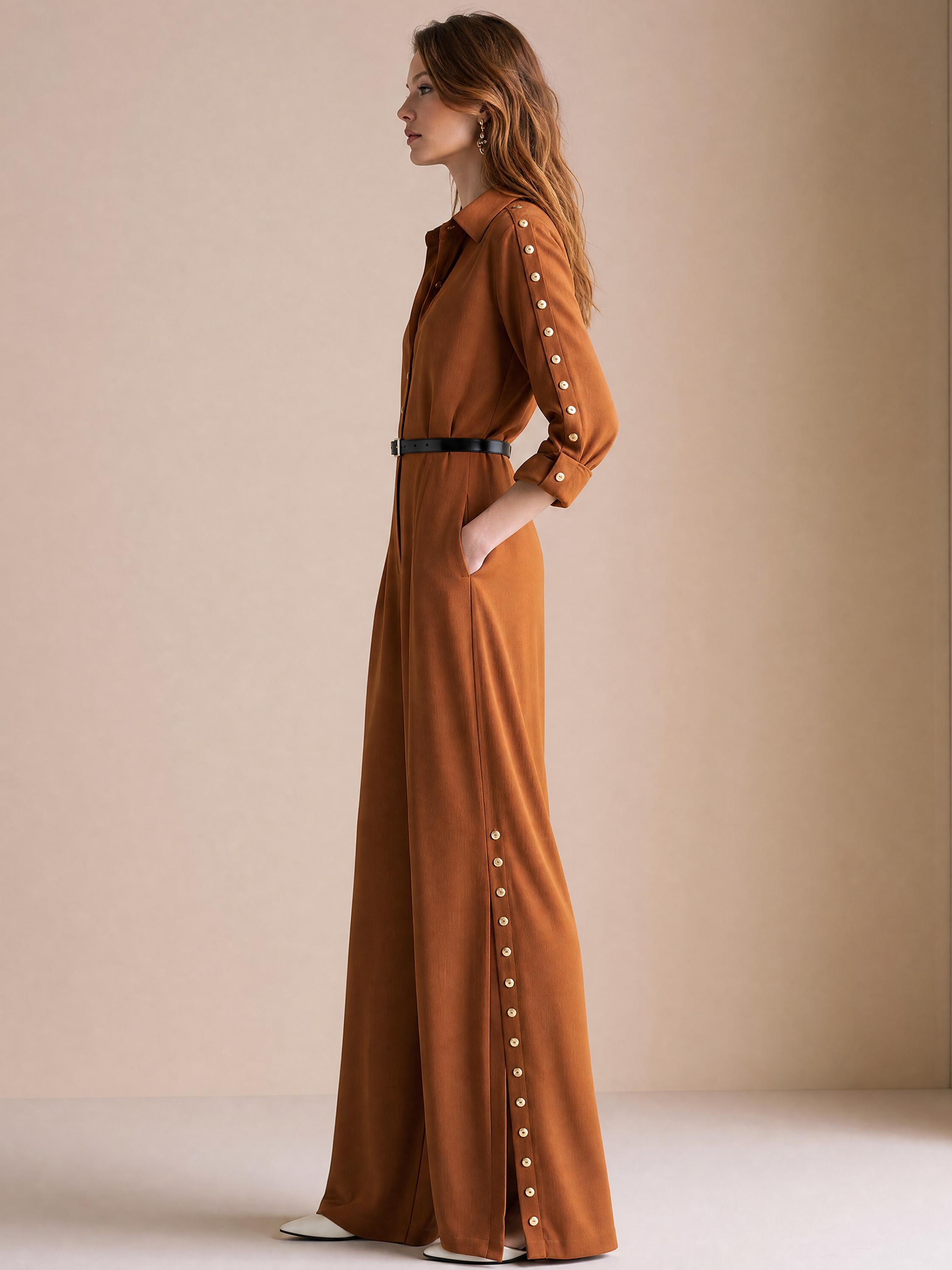 Elegant Caramel Brown Side-Button Wide-Leg Jumpsuit