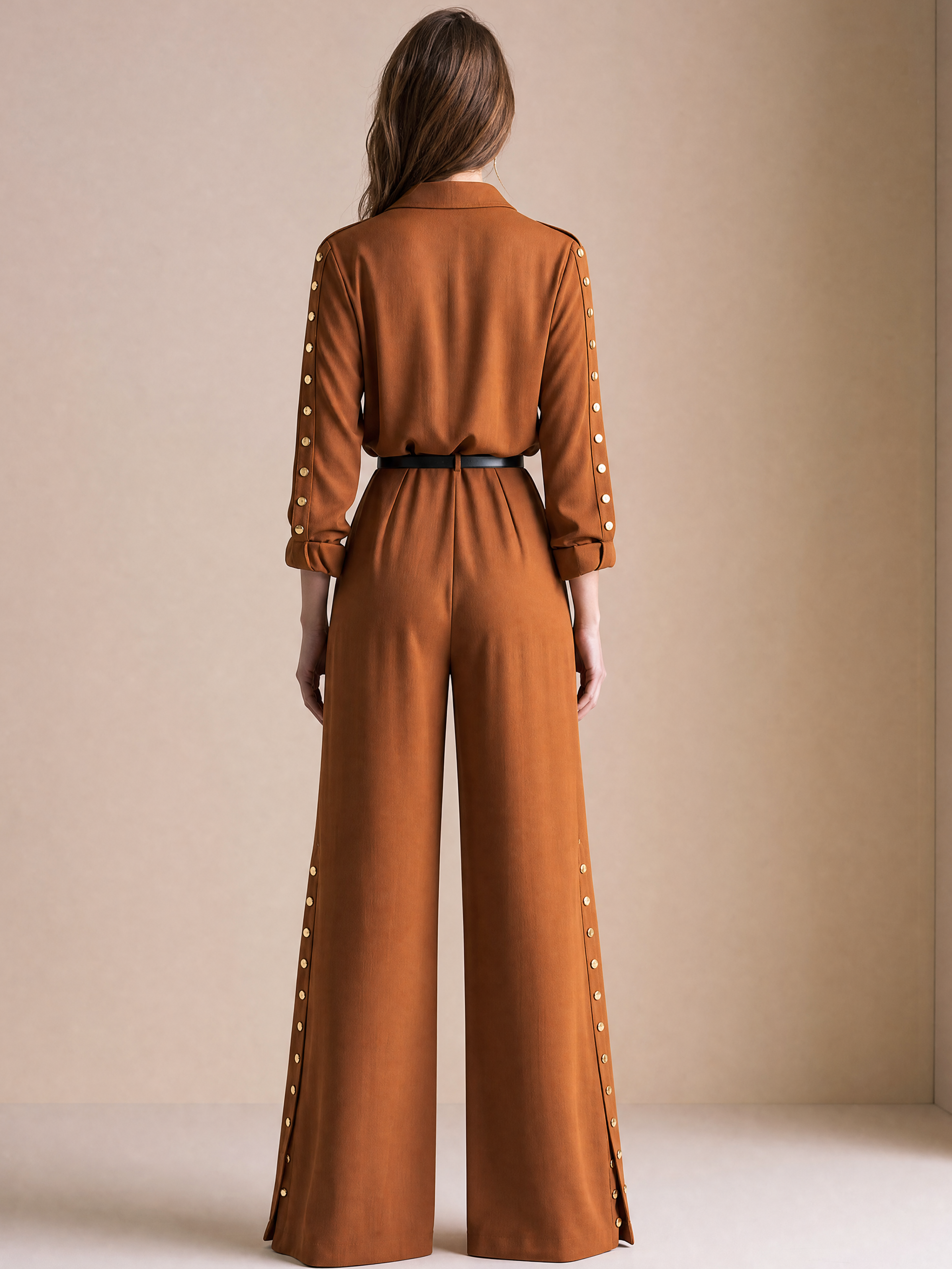 Elegant Caramel Brown Side-Button Wide-Leg Jumpsuit