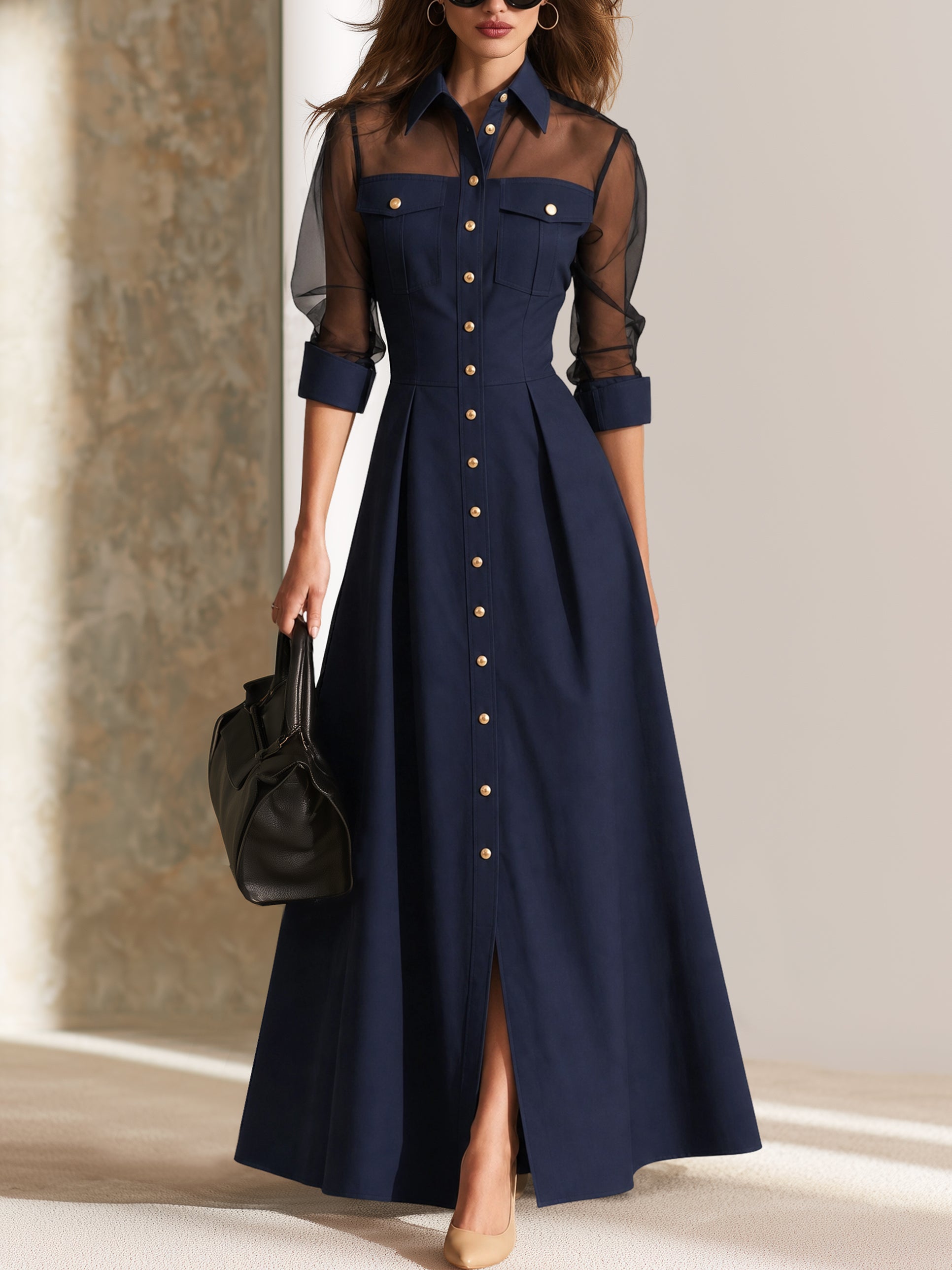 Tailored Long Sleeve Mesh‑Panel Shirt‑Style Maxi Dress