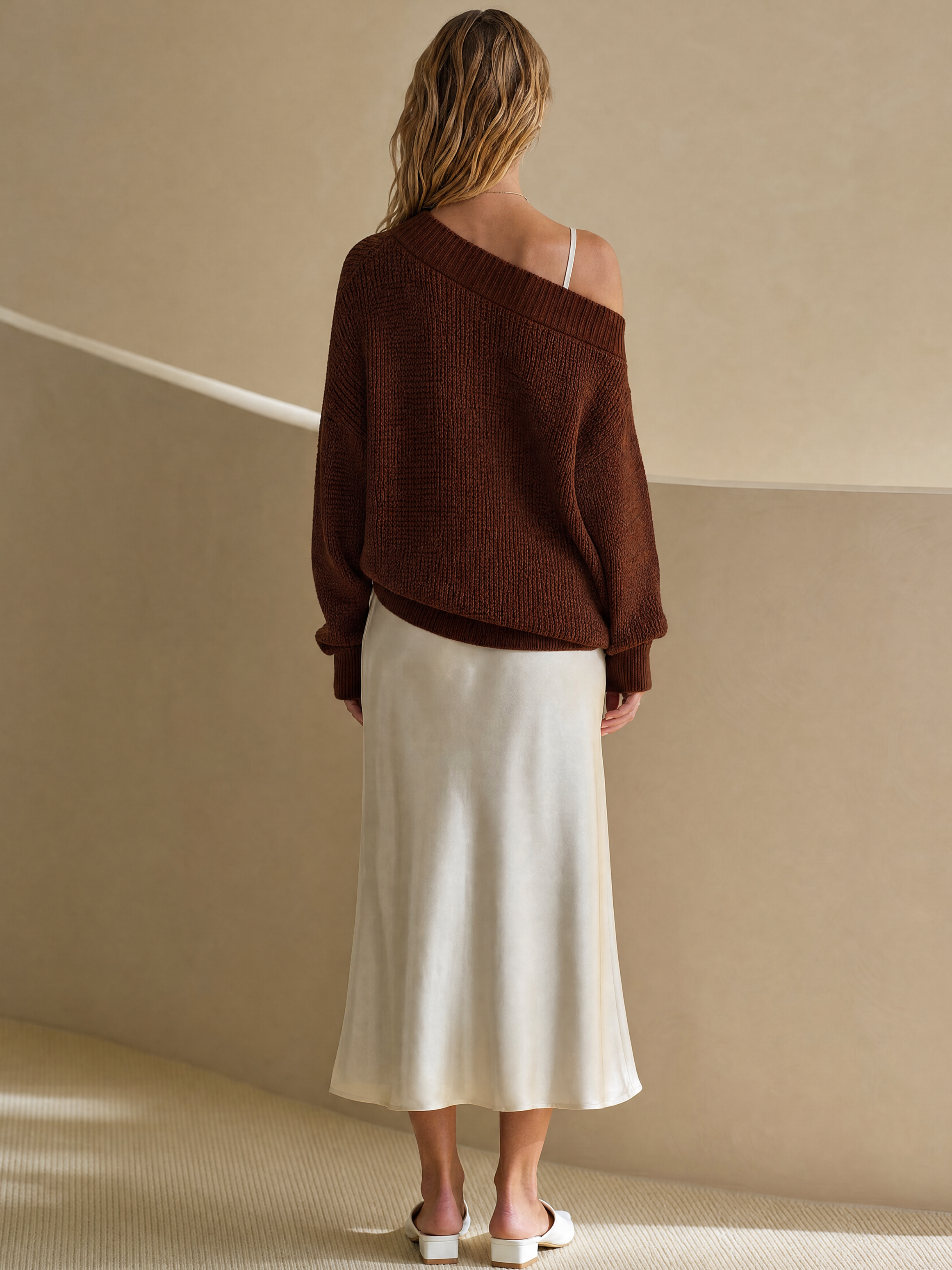 Elegant Ivory Lace Slip Dress & Brown Off-Shoulder Knit Top Set
