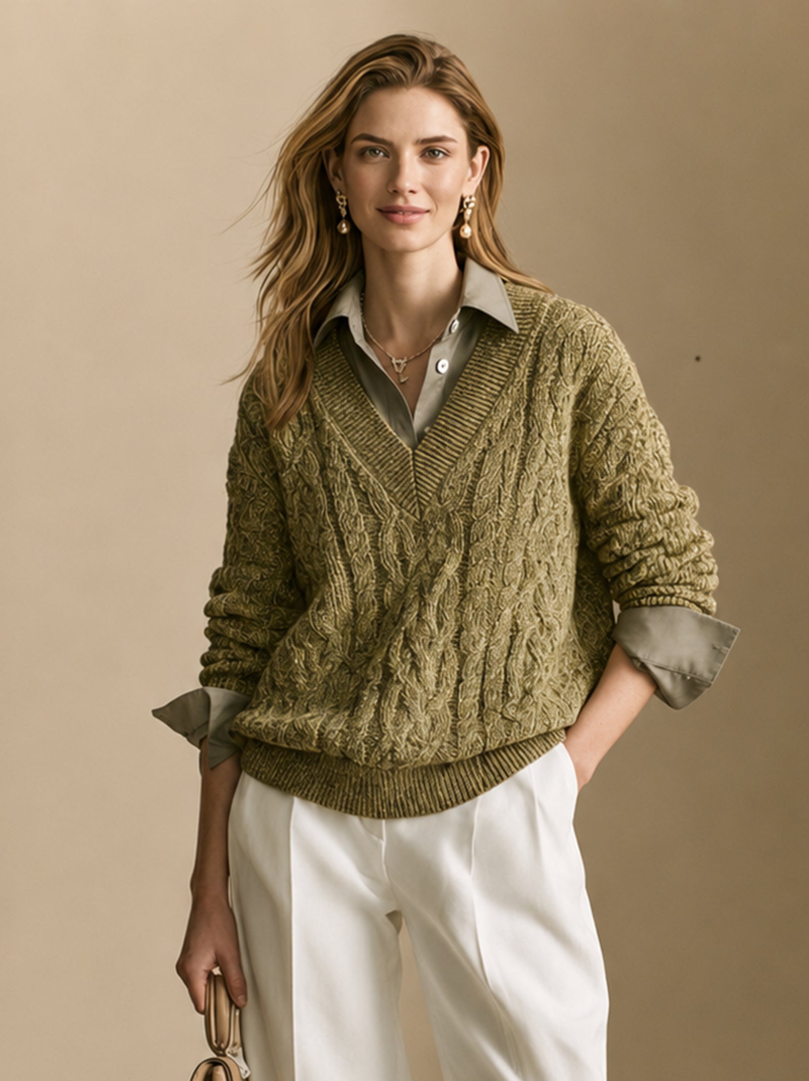 Olive Green Cable-knit Sweater With A Faux-layered Look