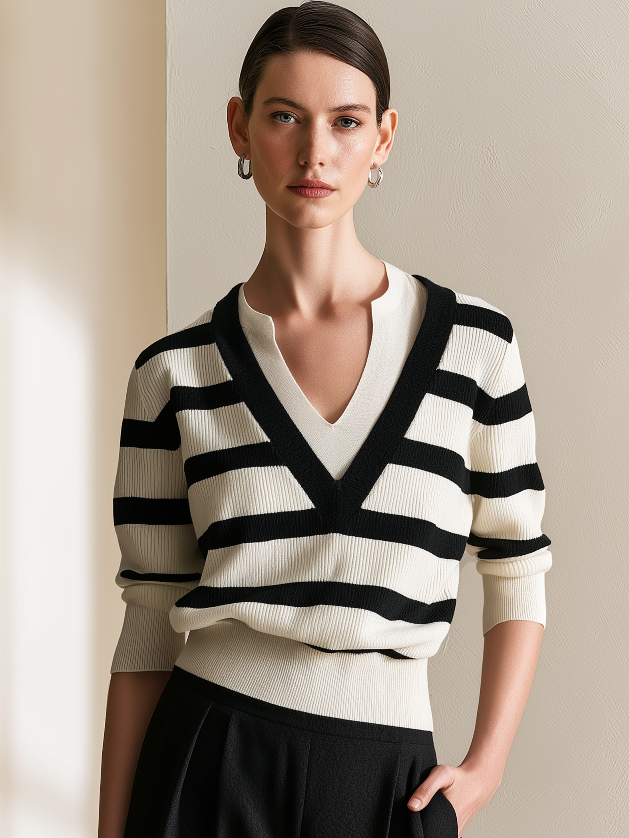 Black‑White Stripe Faux Two‑Piece V‑Neck Pullover Sweater