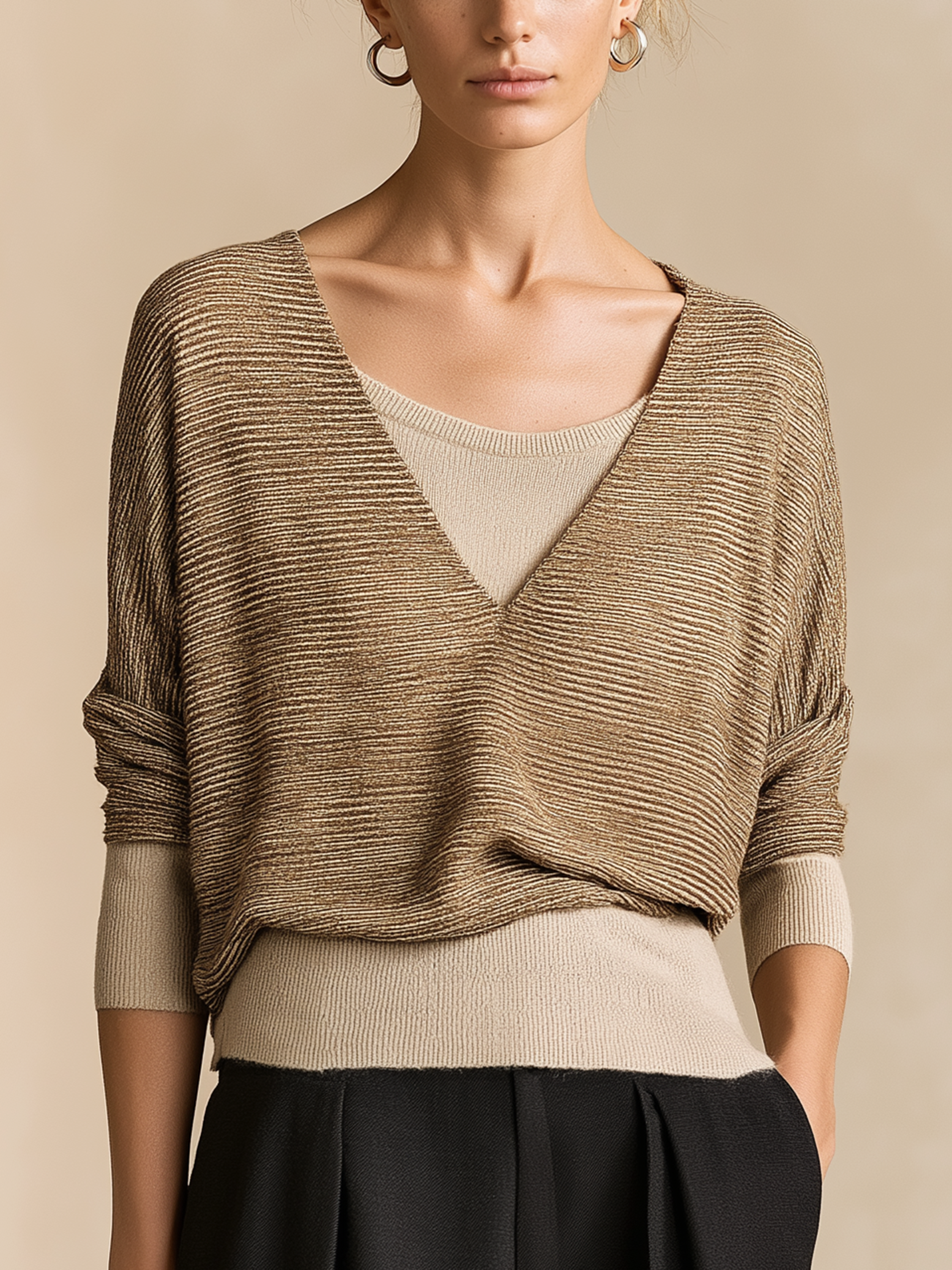 Brown Textured V‑Neck Faux Two‑Piece Batwing Sleeve Knit Top