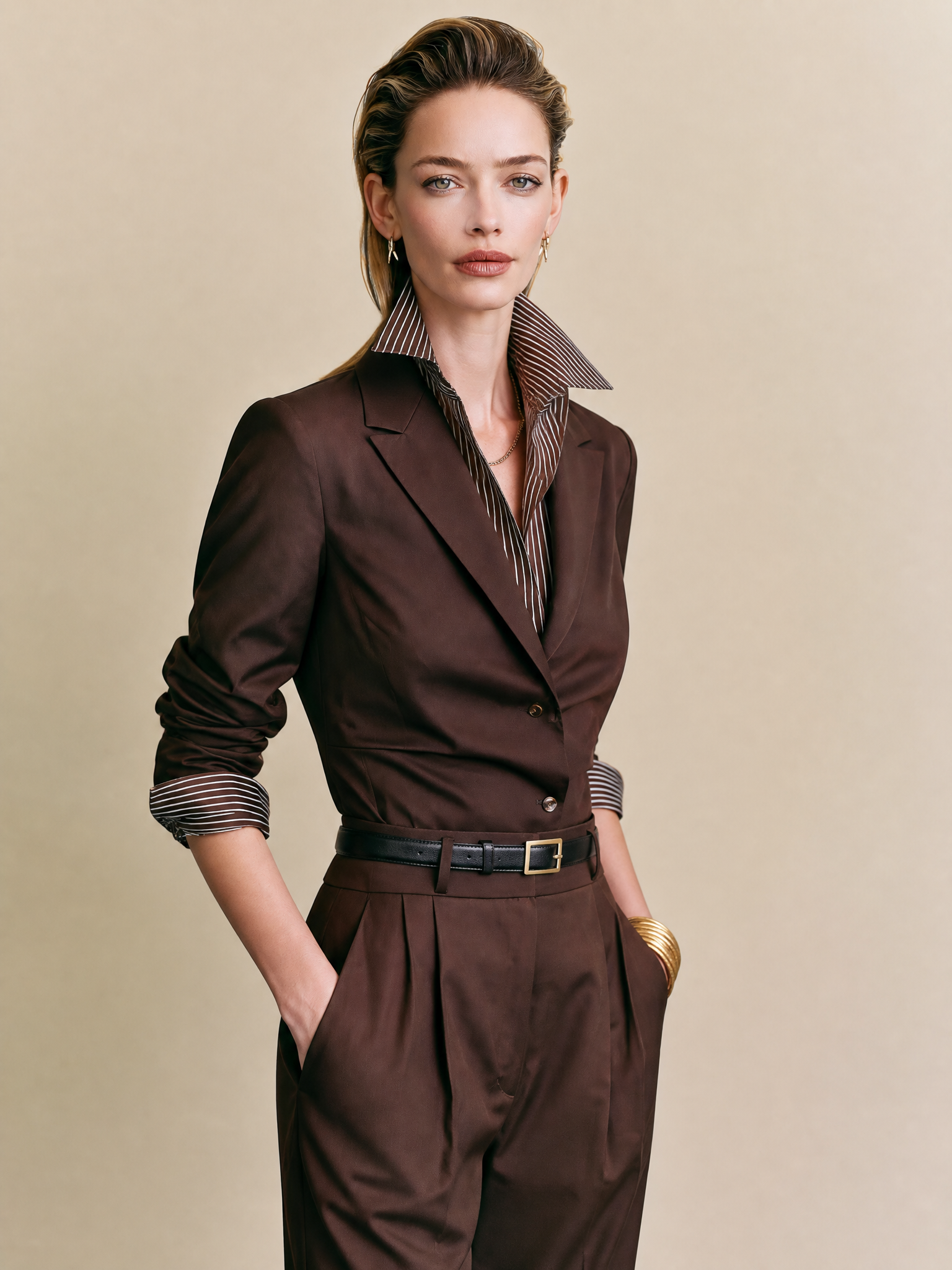 Dark Brown Blazer‑Collar Faux Two‑Piece Striped Spliced Blouse