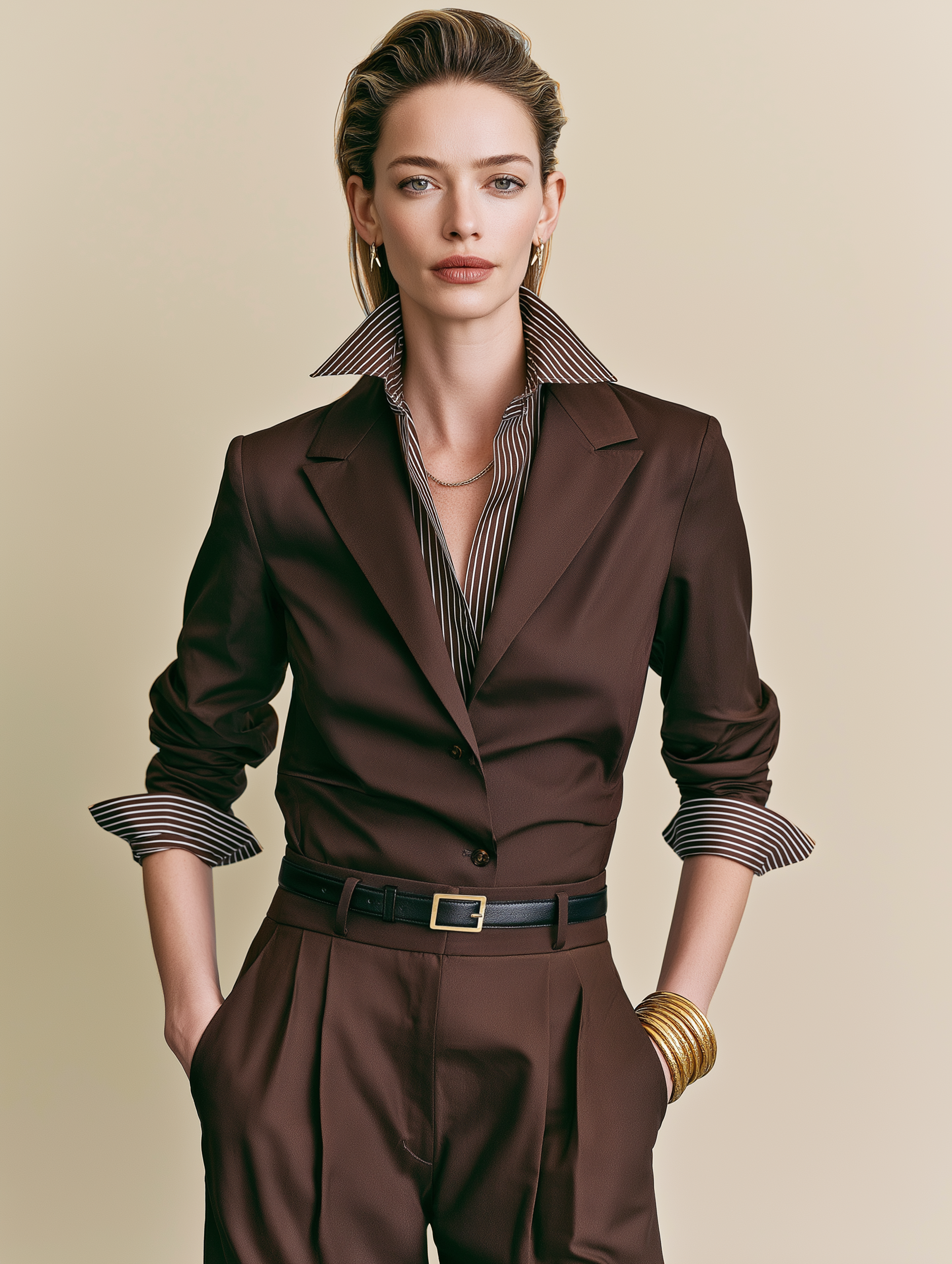 Dark Brown Blazer‑Collar Faux Two‑Piece Striped Spliced Blouse