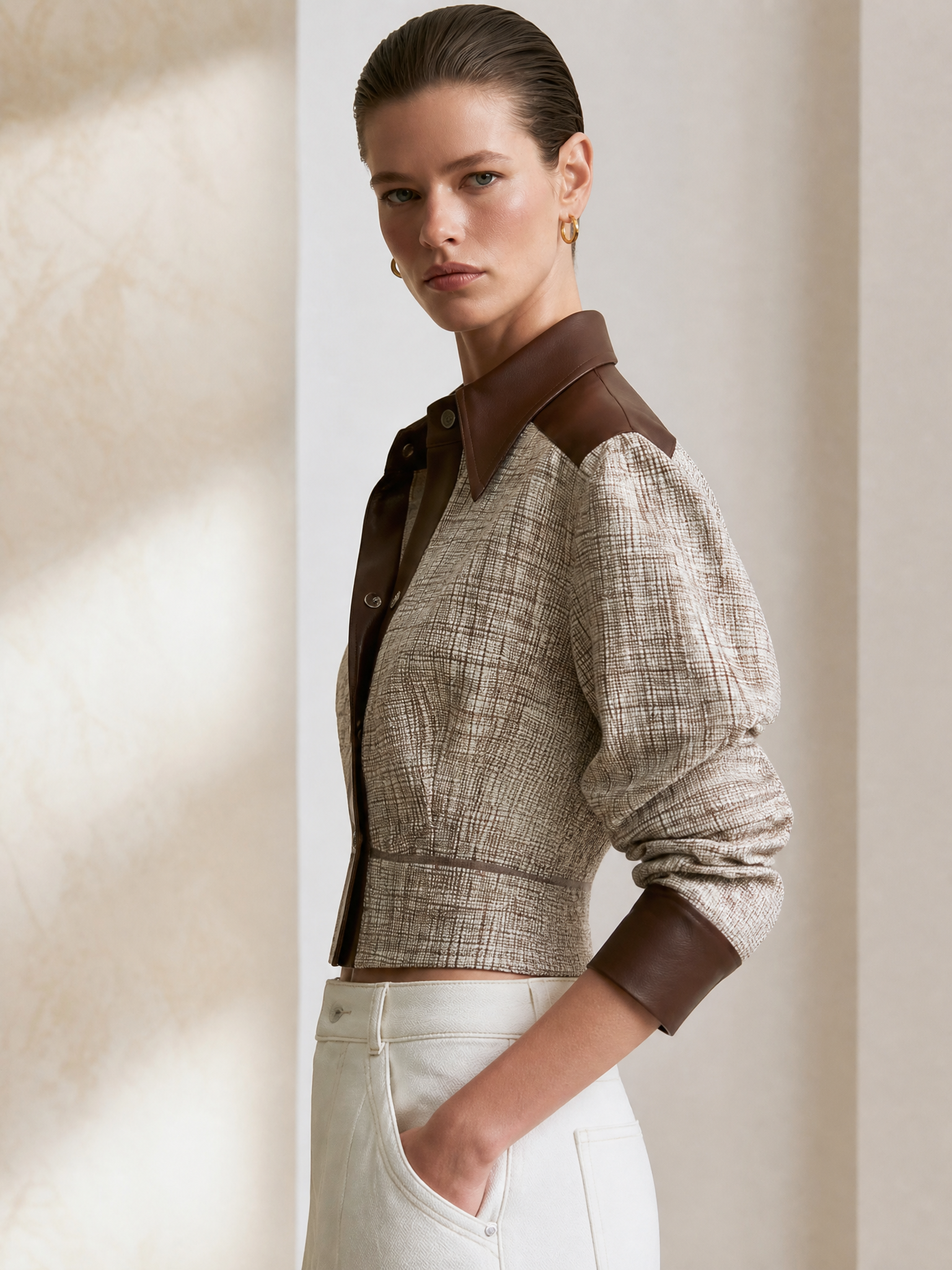 Coffee Faux‑Leather Contrast Woven Plaid Collar Cropped Jacket