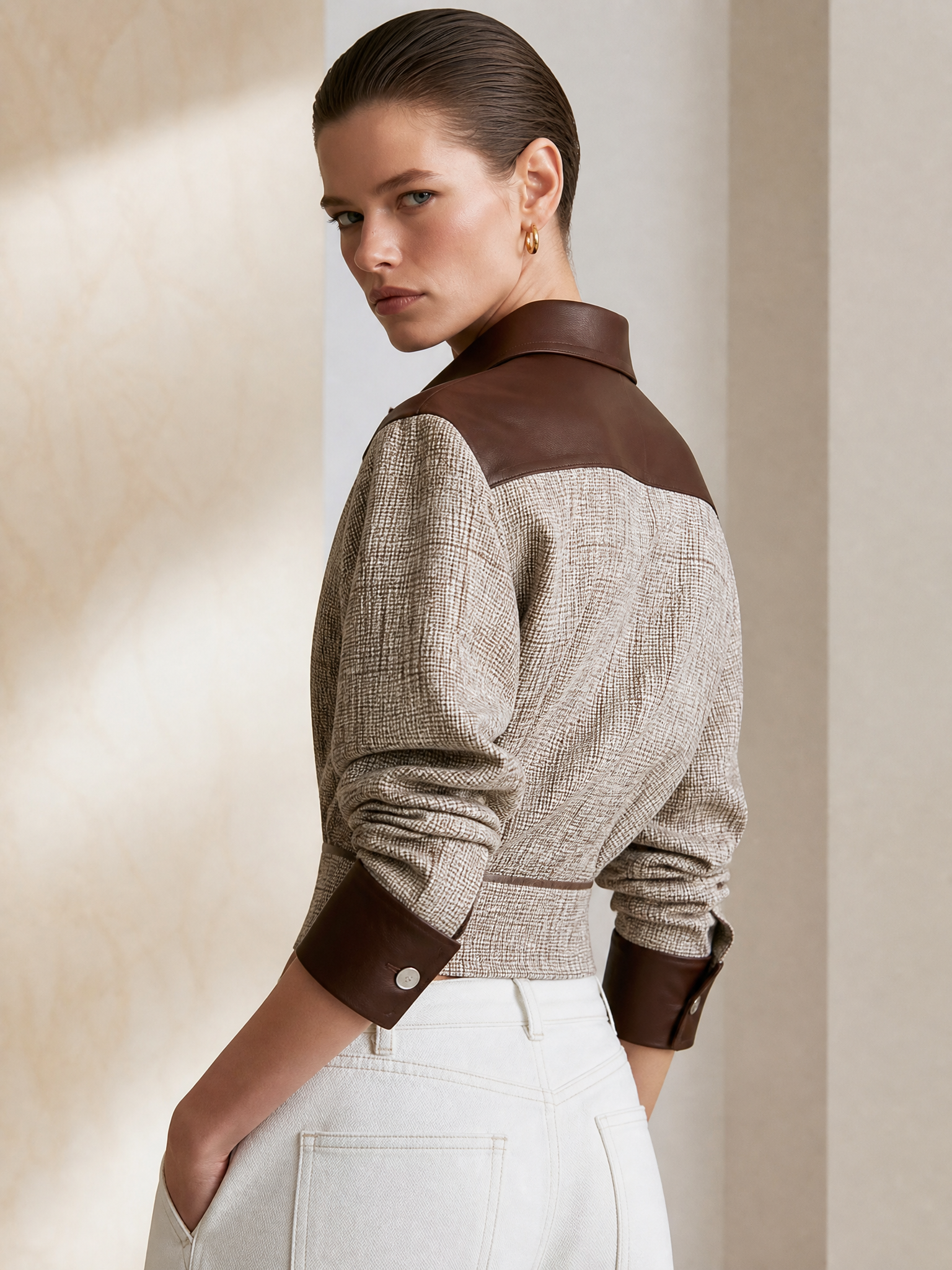 Coffee Faux‑Leather Contrast Woven Plaid Collar Cropped Jacket