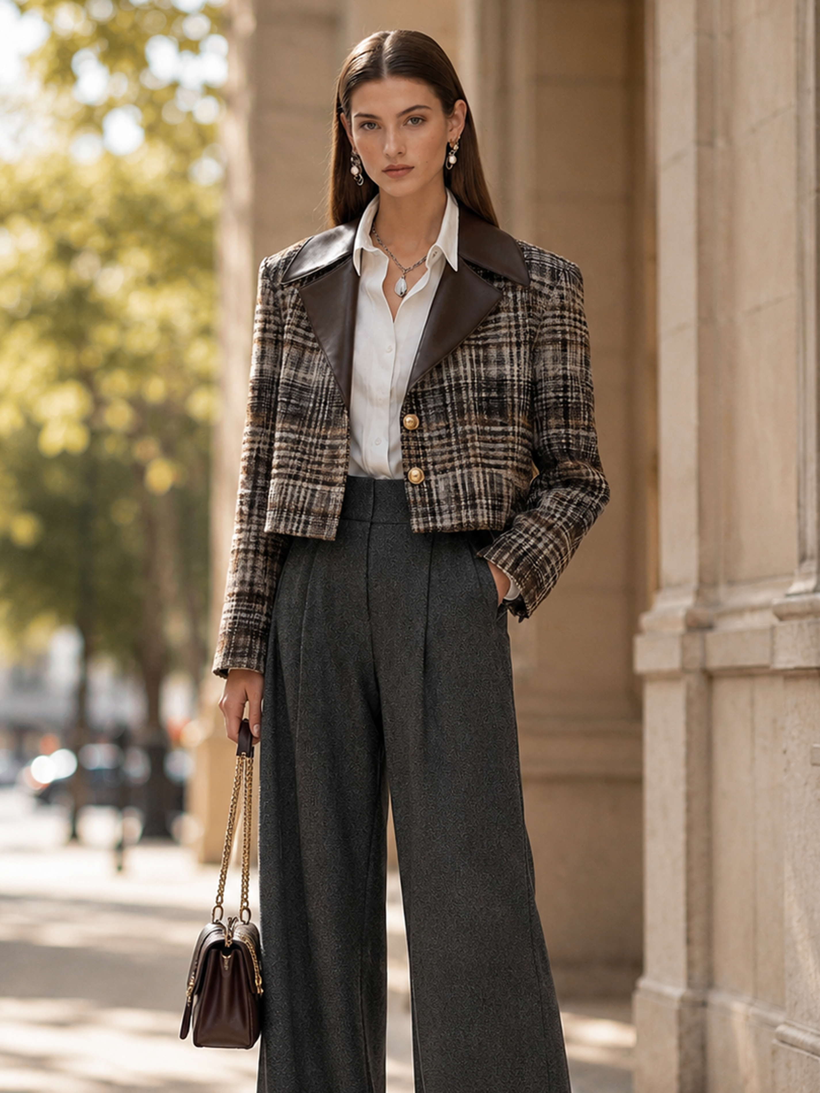 Elegant Ivory & Brown Contrast Leather-Trim Tweed Cropped Jacket