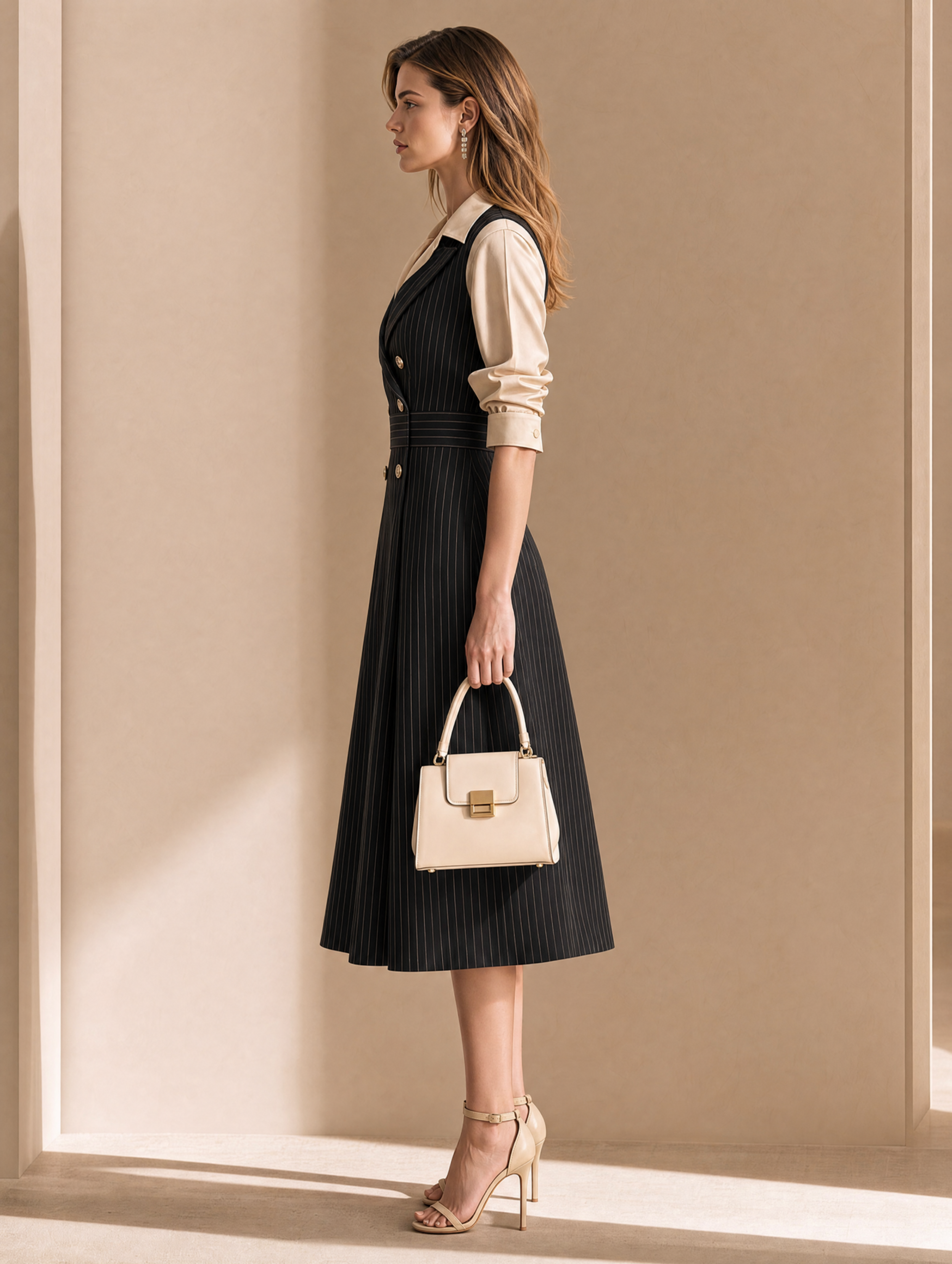 Elegant Black Pinstriped Waistcoat Dress