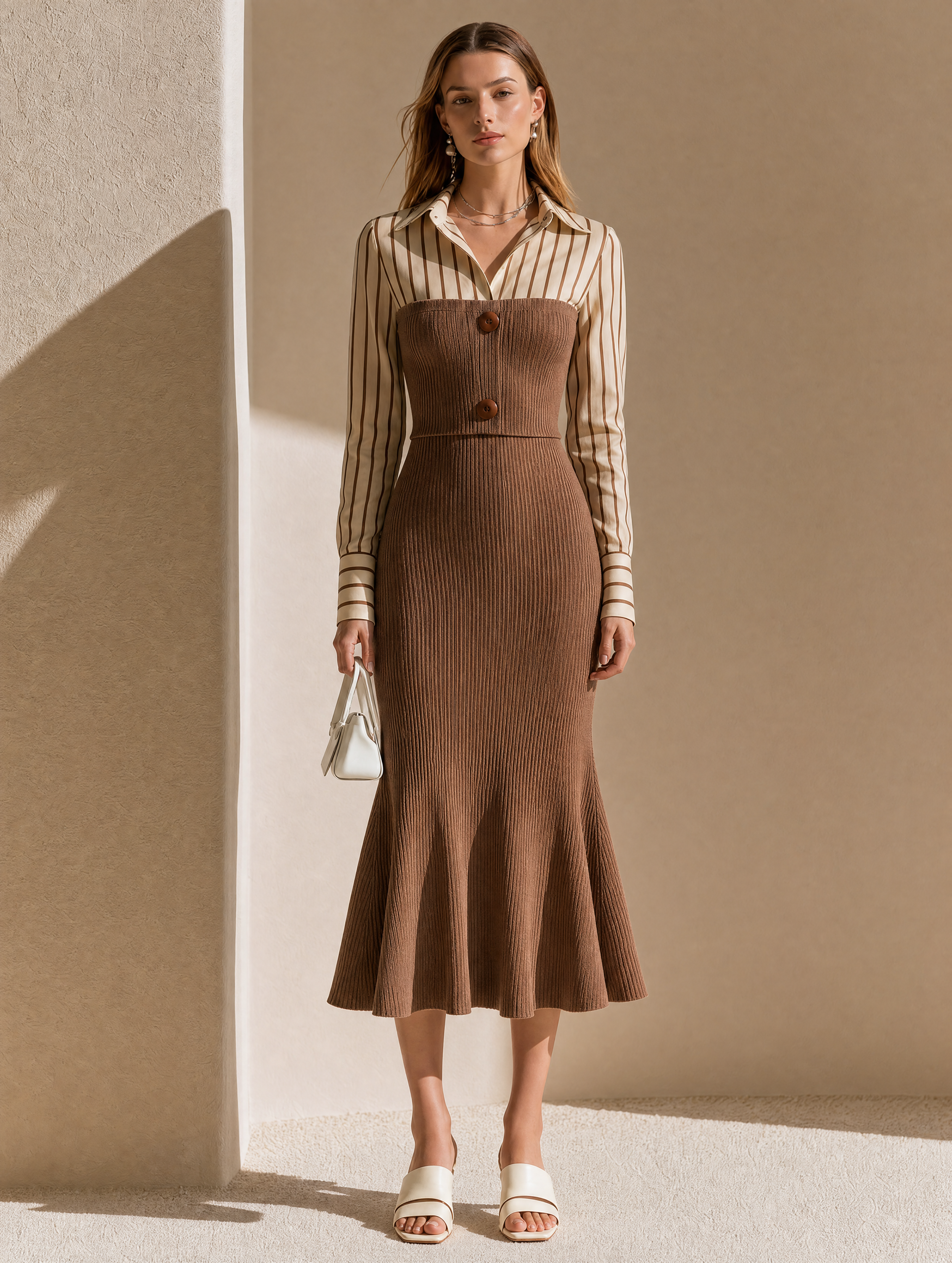 Elegant Brown Shirt-Collar Knitted Dress With Contrast Detailing