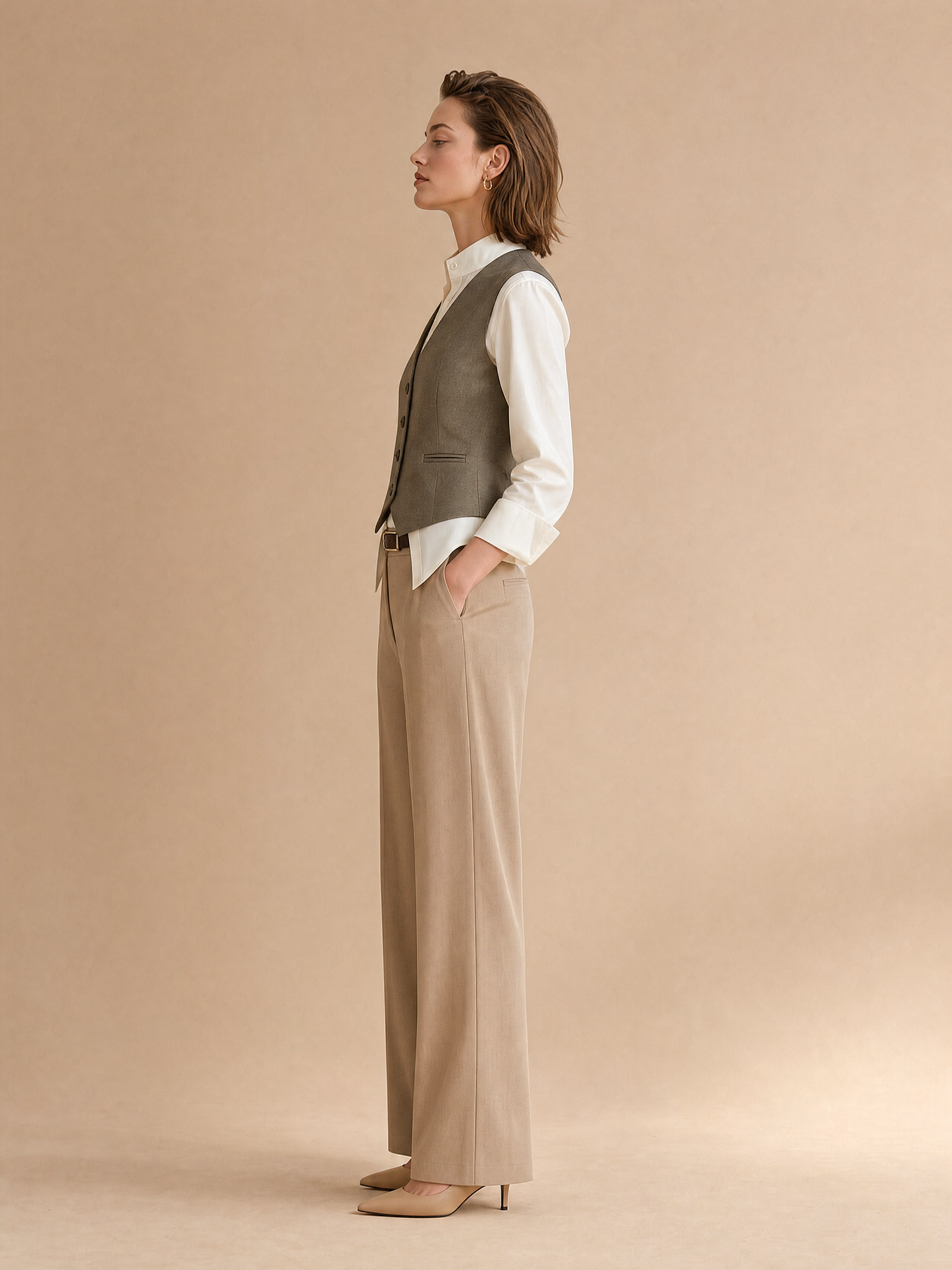 Two-piece Set: White Satin Shirt And Grey Vest