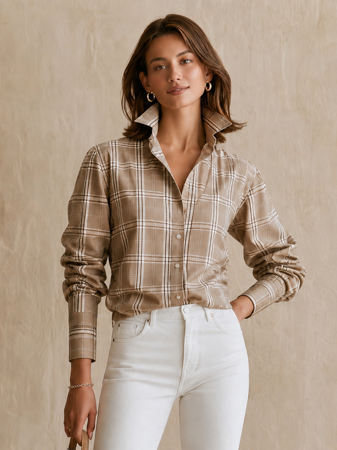 Elegant Brown Plaid Shirt With A Stand-up Collar