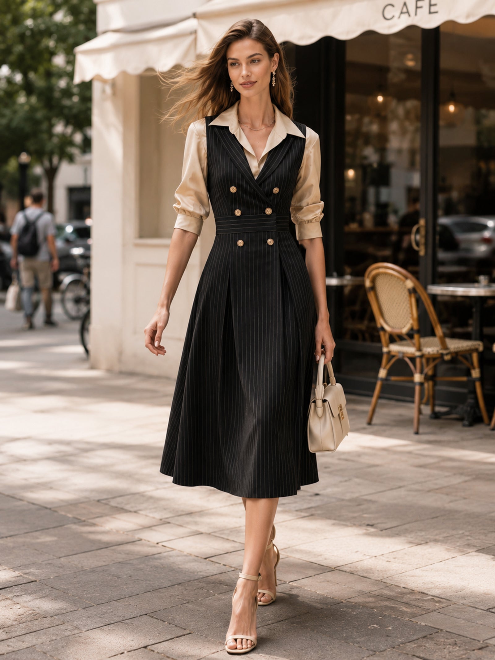 Elegant Black Pinstriped Waistcoat Dress