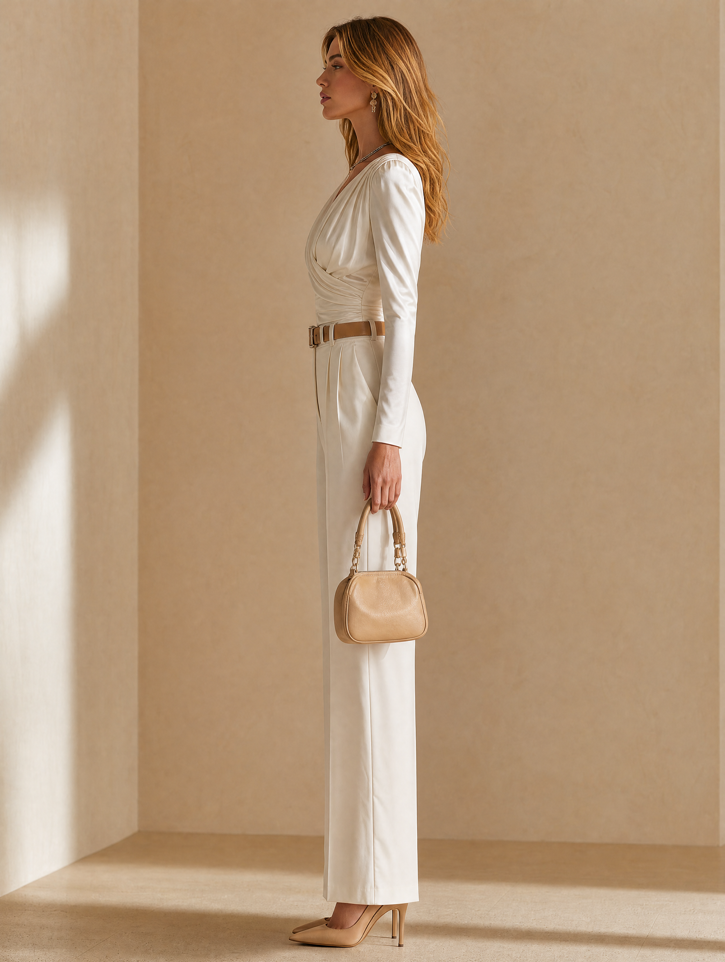 Elegant White Satin Set With A Pleated Design