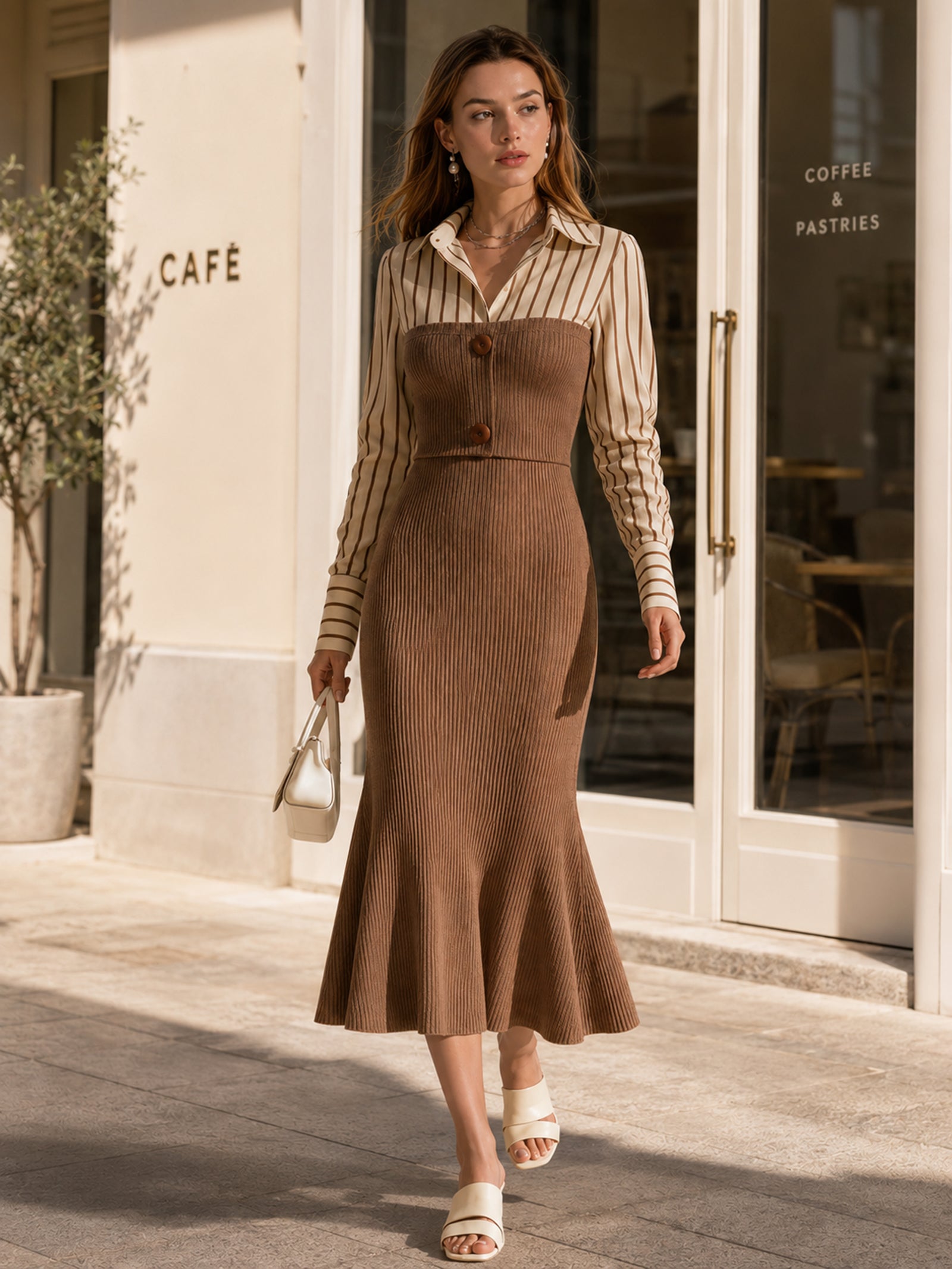 Elegant Brown Shirt-Collar Knitted Dress With Contrast Detailing