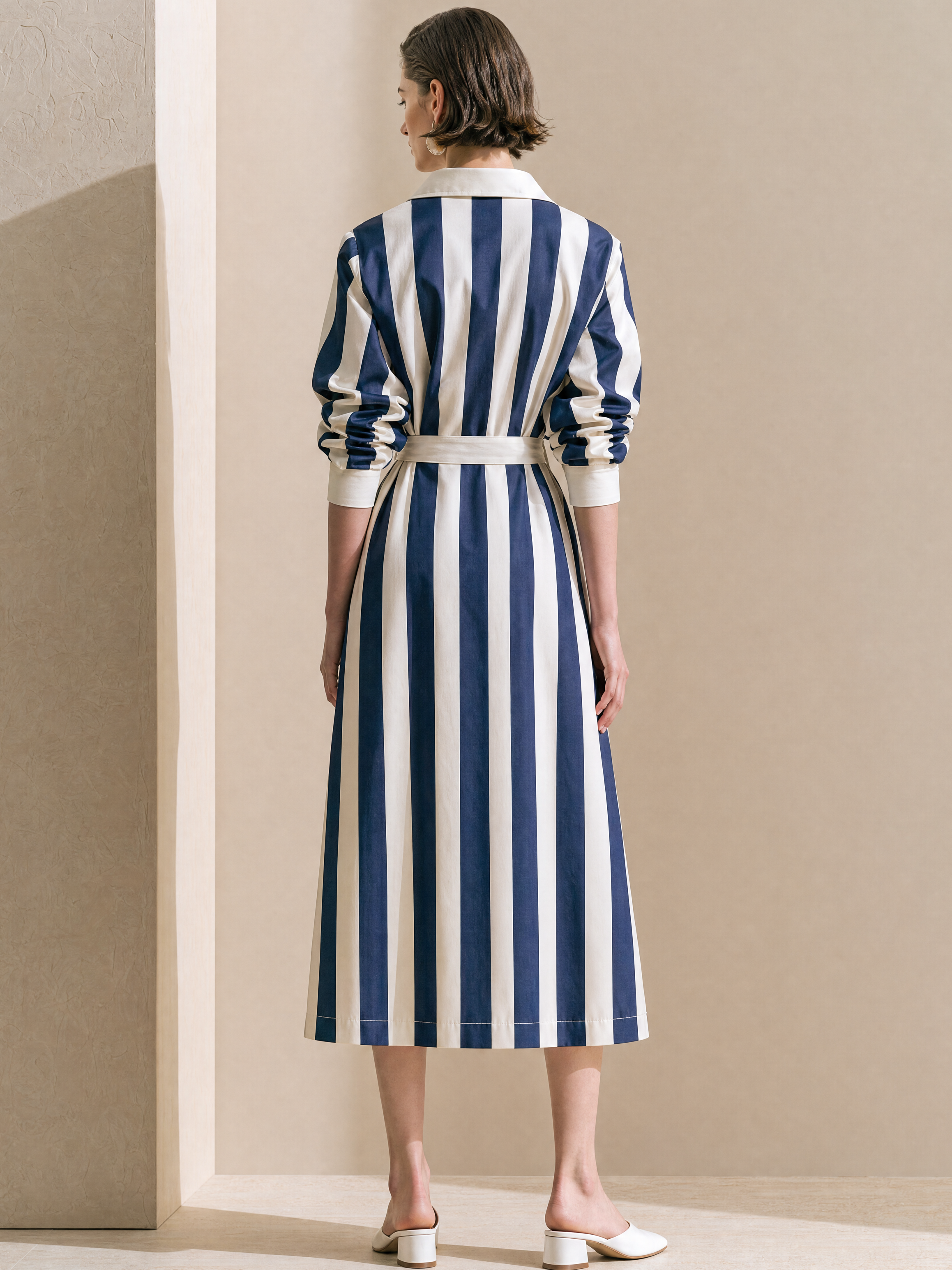 Elegant Navy & White Striped Belted Shirt Midi Dress