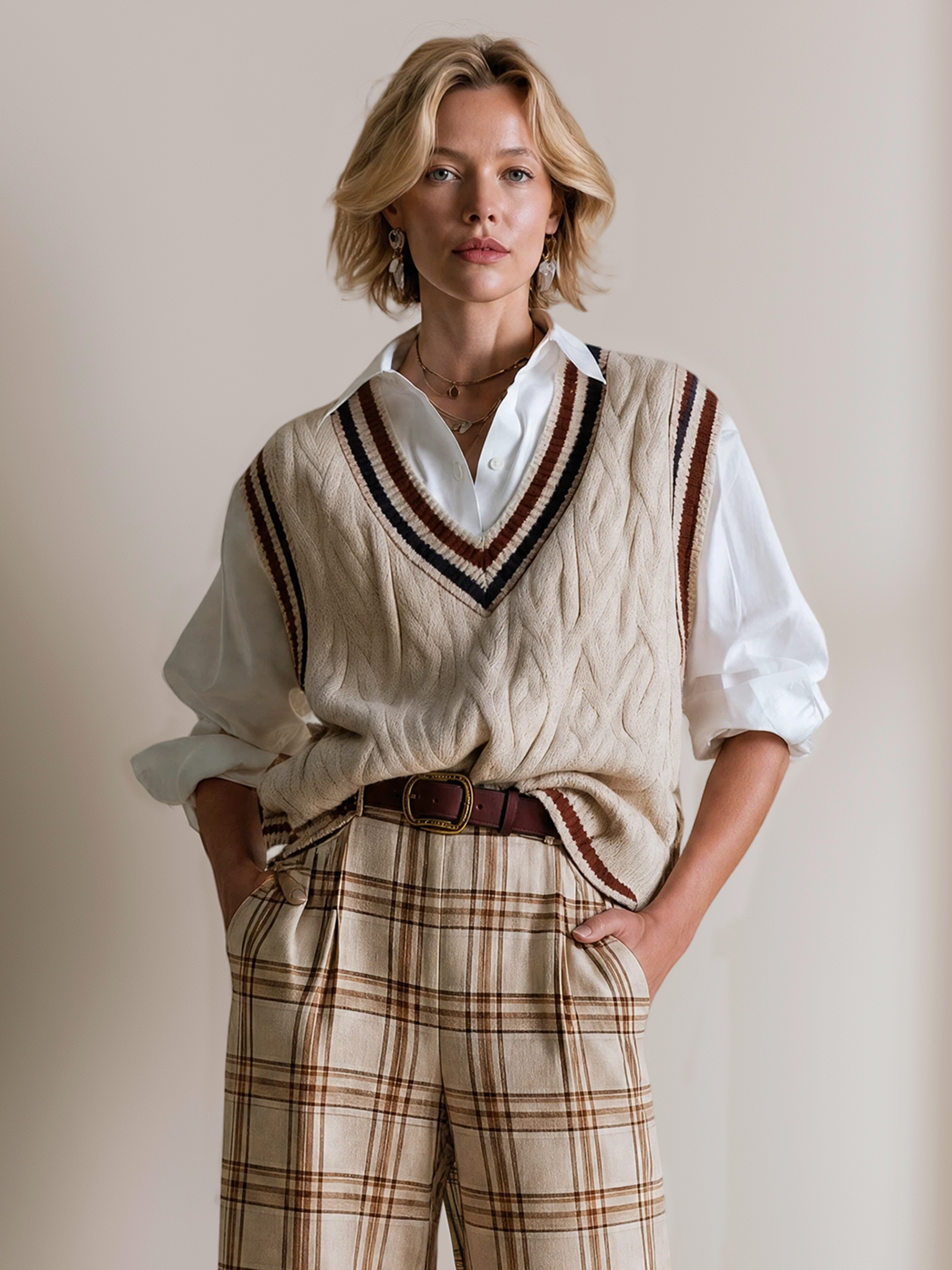 Elegant Beige Cable-Knit V-Neck Vest With Navy Contrast Stripes