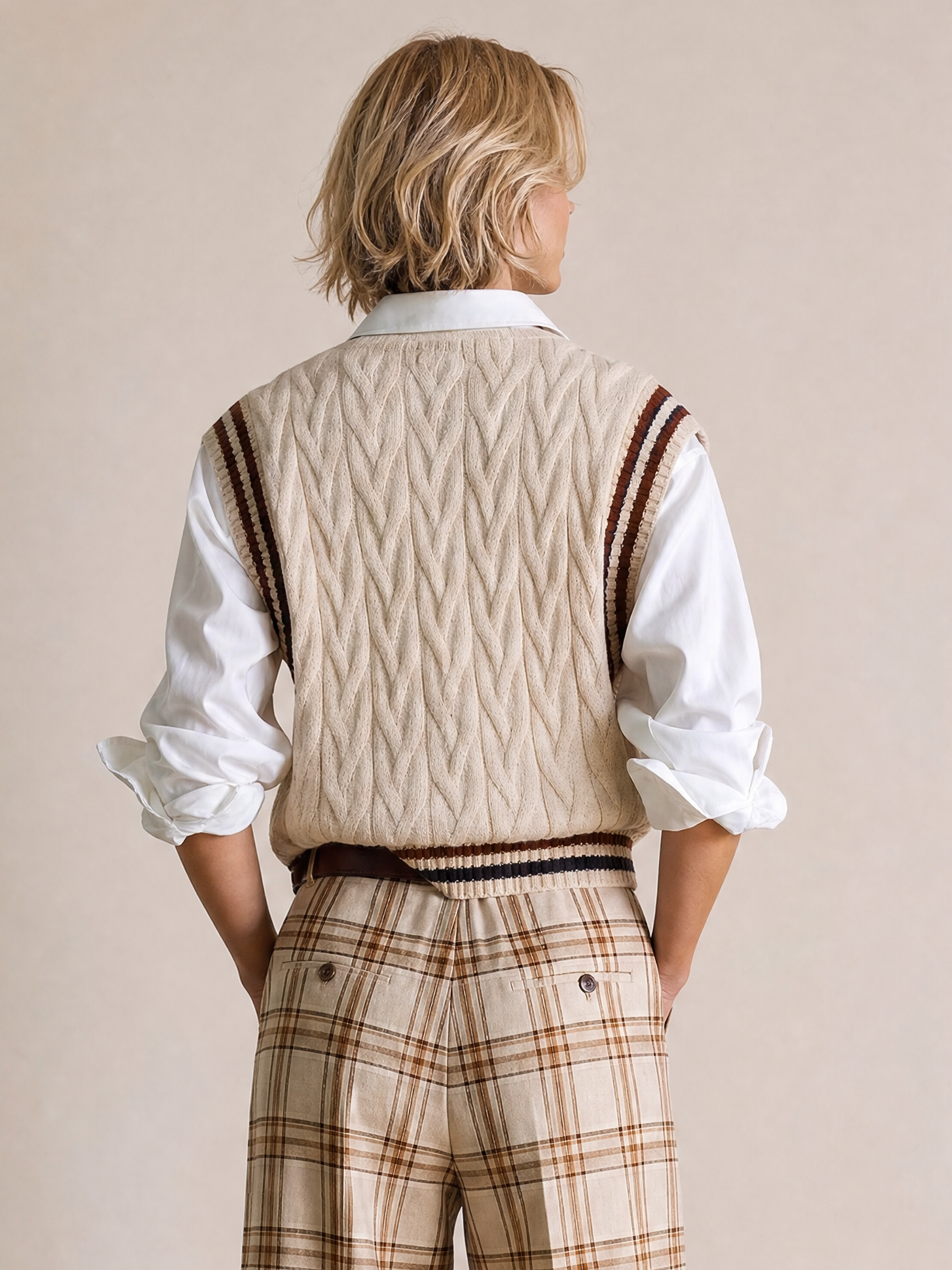 Elegant Beige Cable-Knit V-Neck Vest With Navy Contrast Stripes